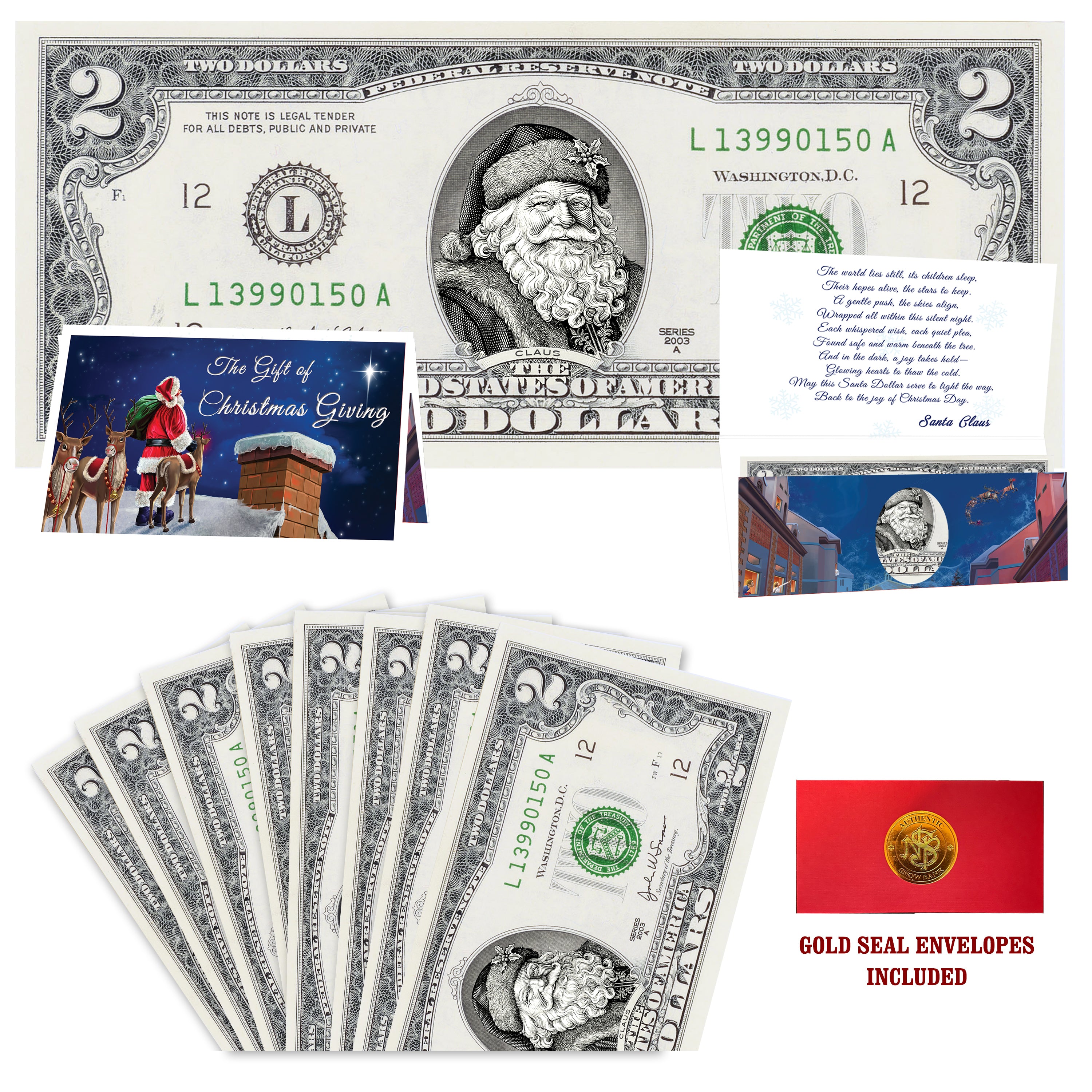 Eight $2 Santa Dollars featuring Winter Woods Santa with Reindeer on Rooftops folded Christmas cards and gold-seal envelopes.