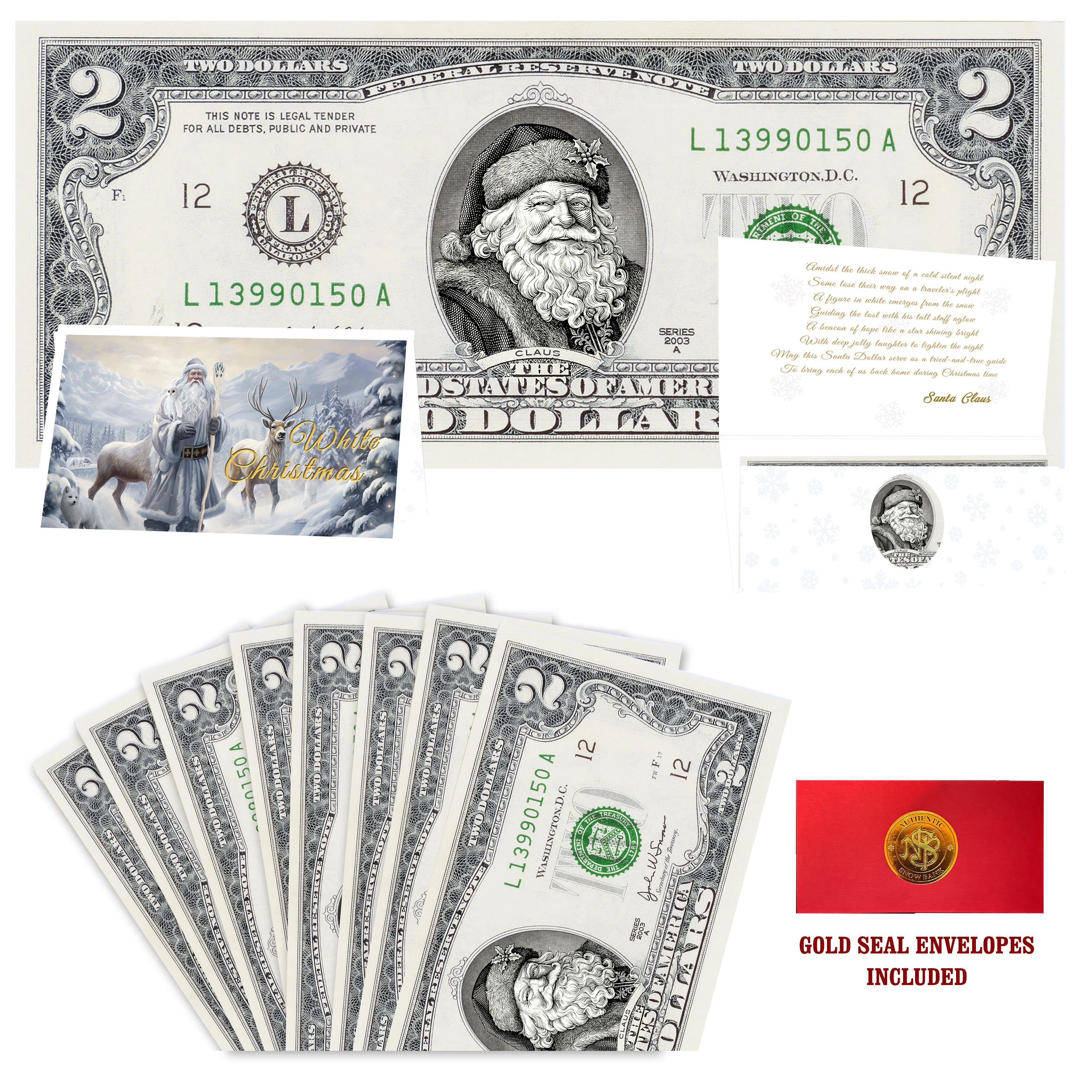Eight $2 Santa Dollars featuring Winter Woods Santa with White Christmas folded Christmas cards and gold-seal envelopes.