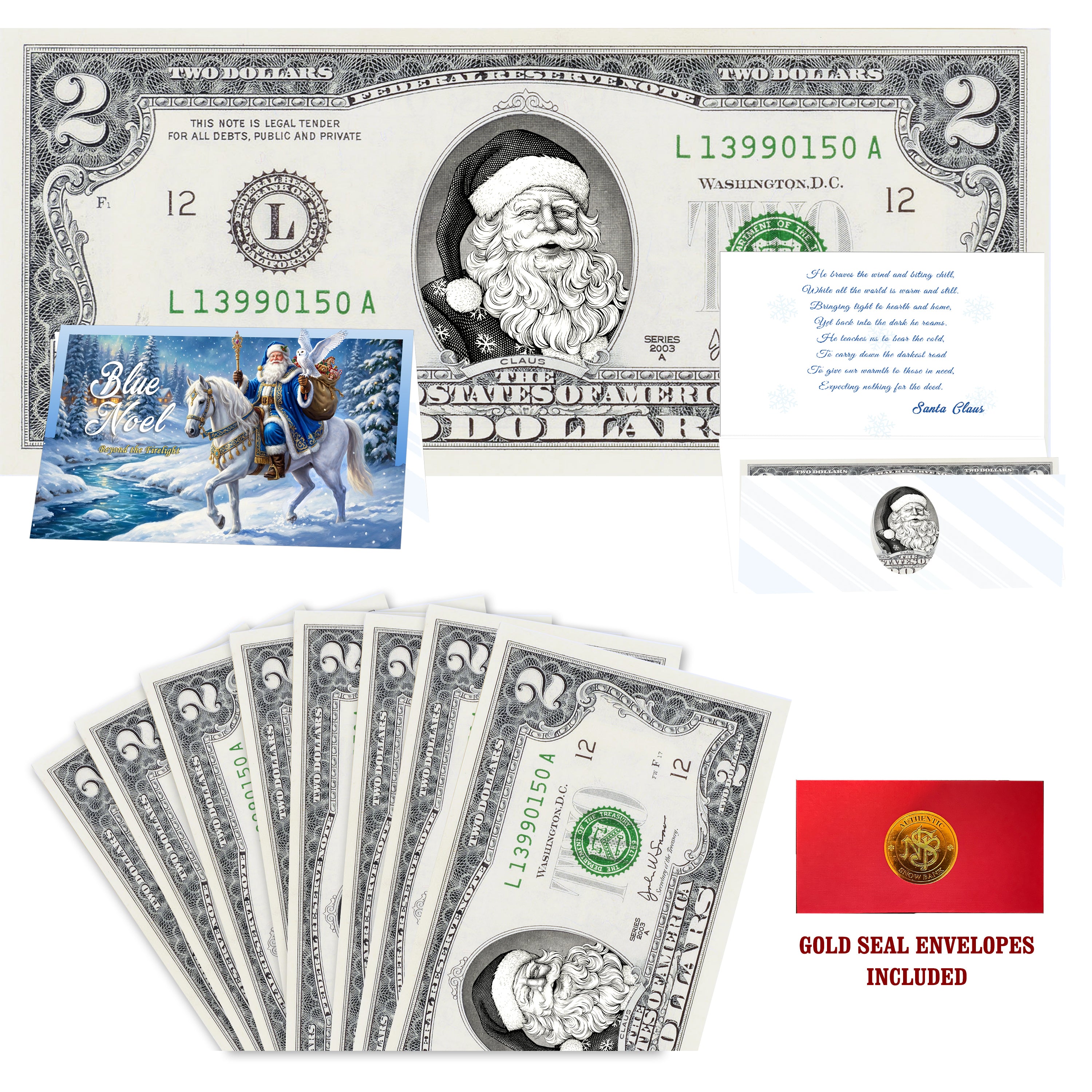 Eight $2 Santa Dollars featuring Snowflake Santa with Blue Noel folded Christmas cards and gold-seal envelopes.