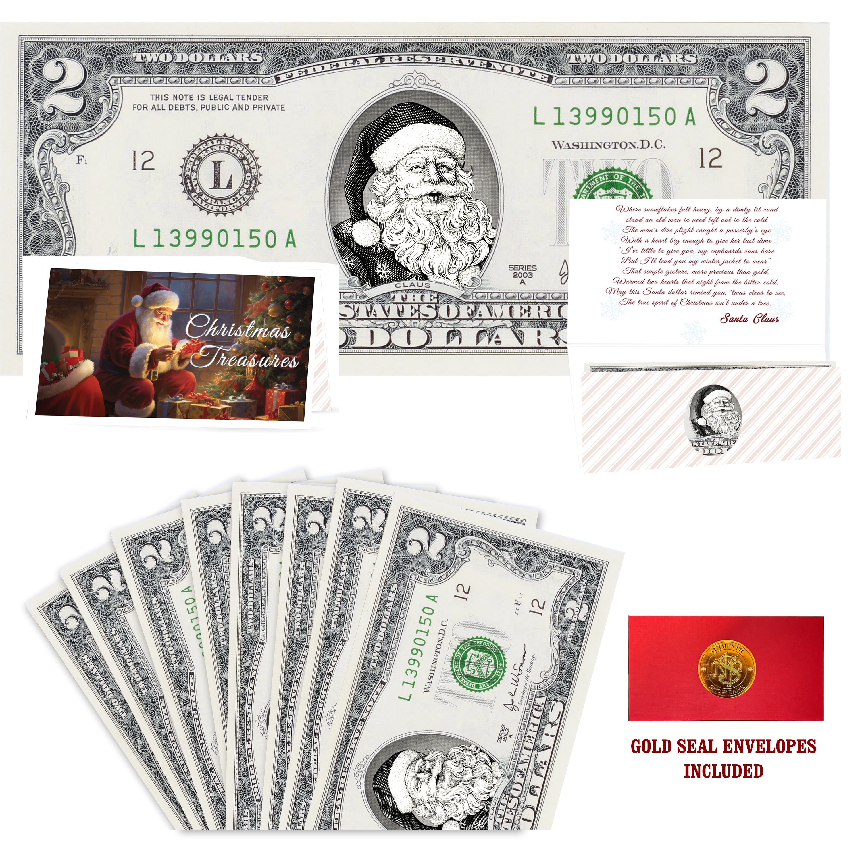Eight $2 Santa Dollars featuring Snowflake Santa with Christmas Treasures folded Christmas cards and gold-seal envelopes.