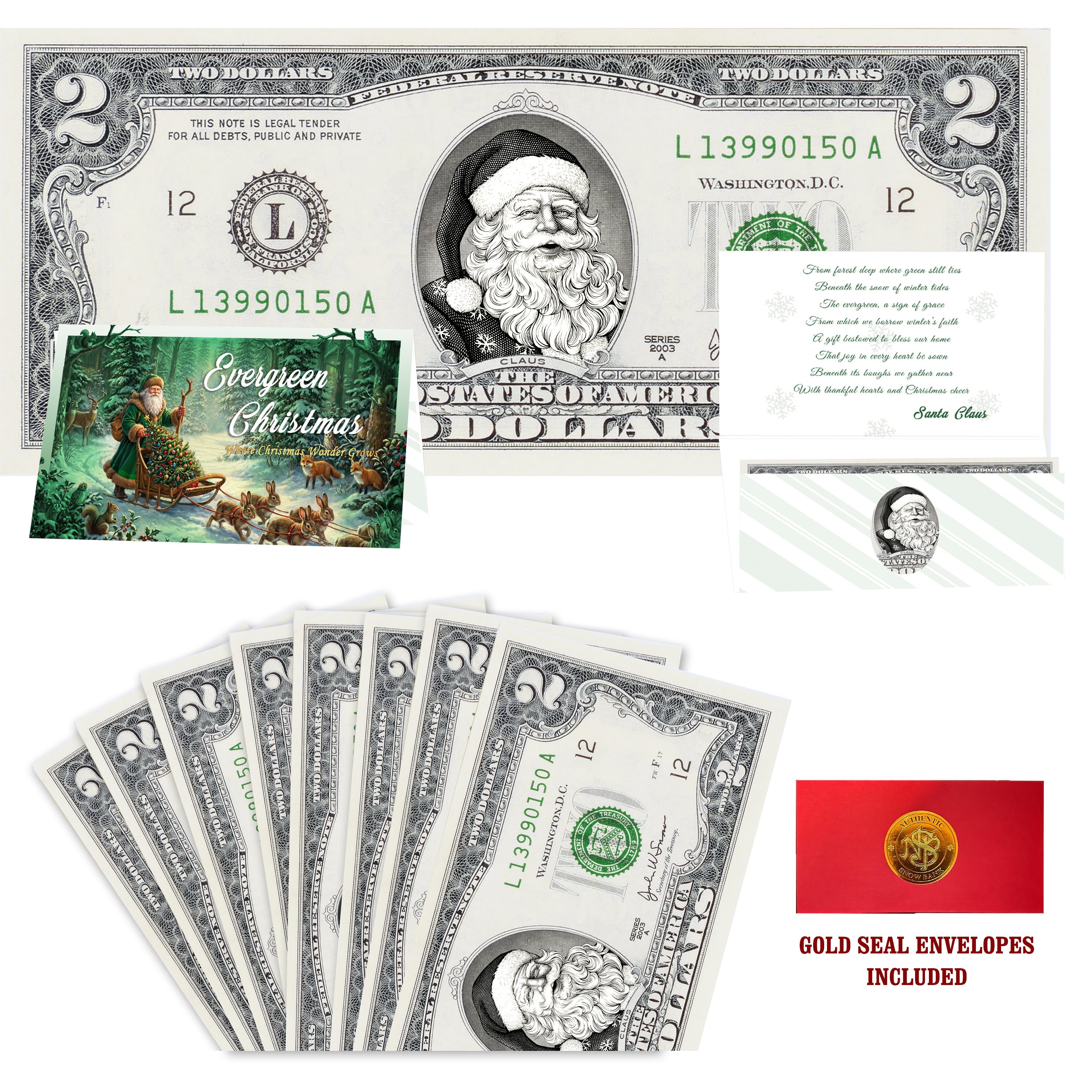 Eight $2 Santa Dollars featuring Snowflake Santa with Evergreen Christmas folded Christmas cards and gold-seal envelopes.