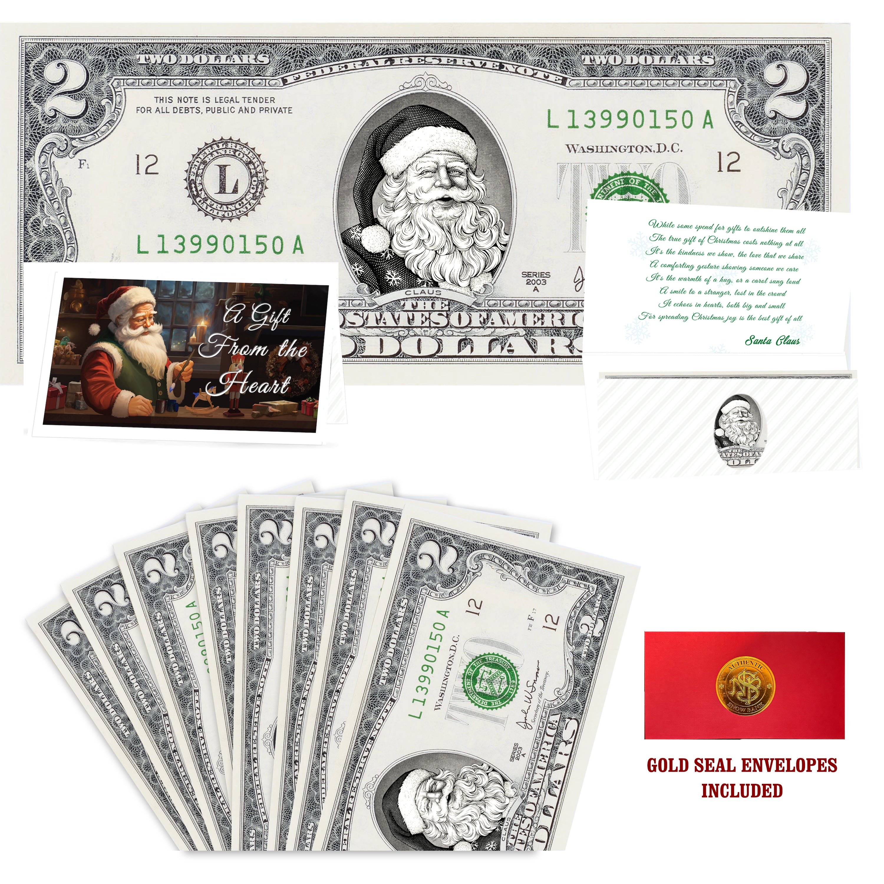 Eight $2 Santa Dollars featuring Snowflake Santa with Gift From the Heart folded Christmas cards and gold-seal envelopes.
