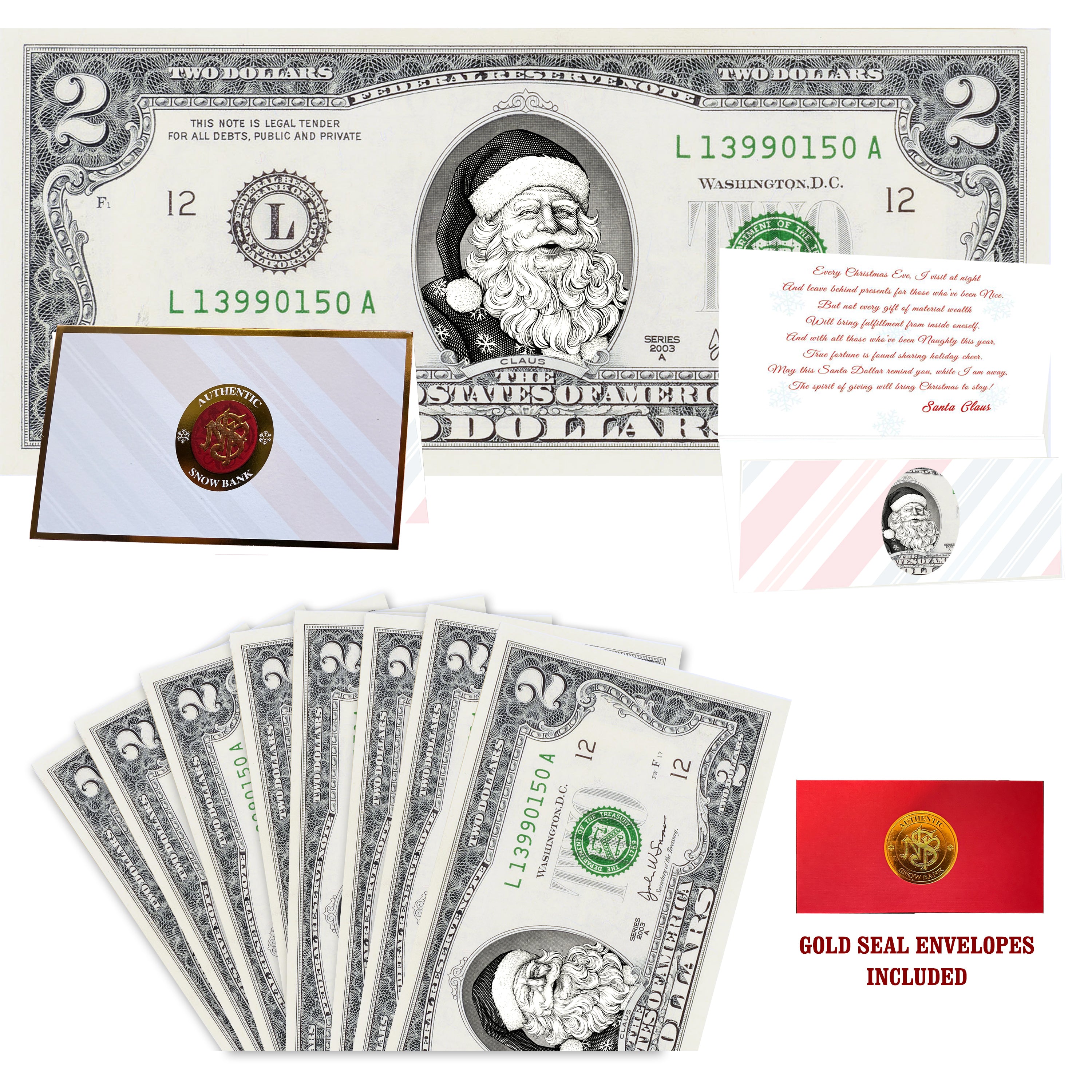 Eight $2 Santa Dollars featuring Snowflake Santa with Snow Bank folded Christmas cards and gold-seal envelopes.