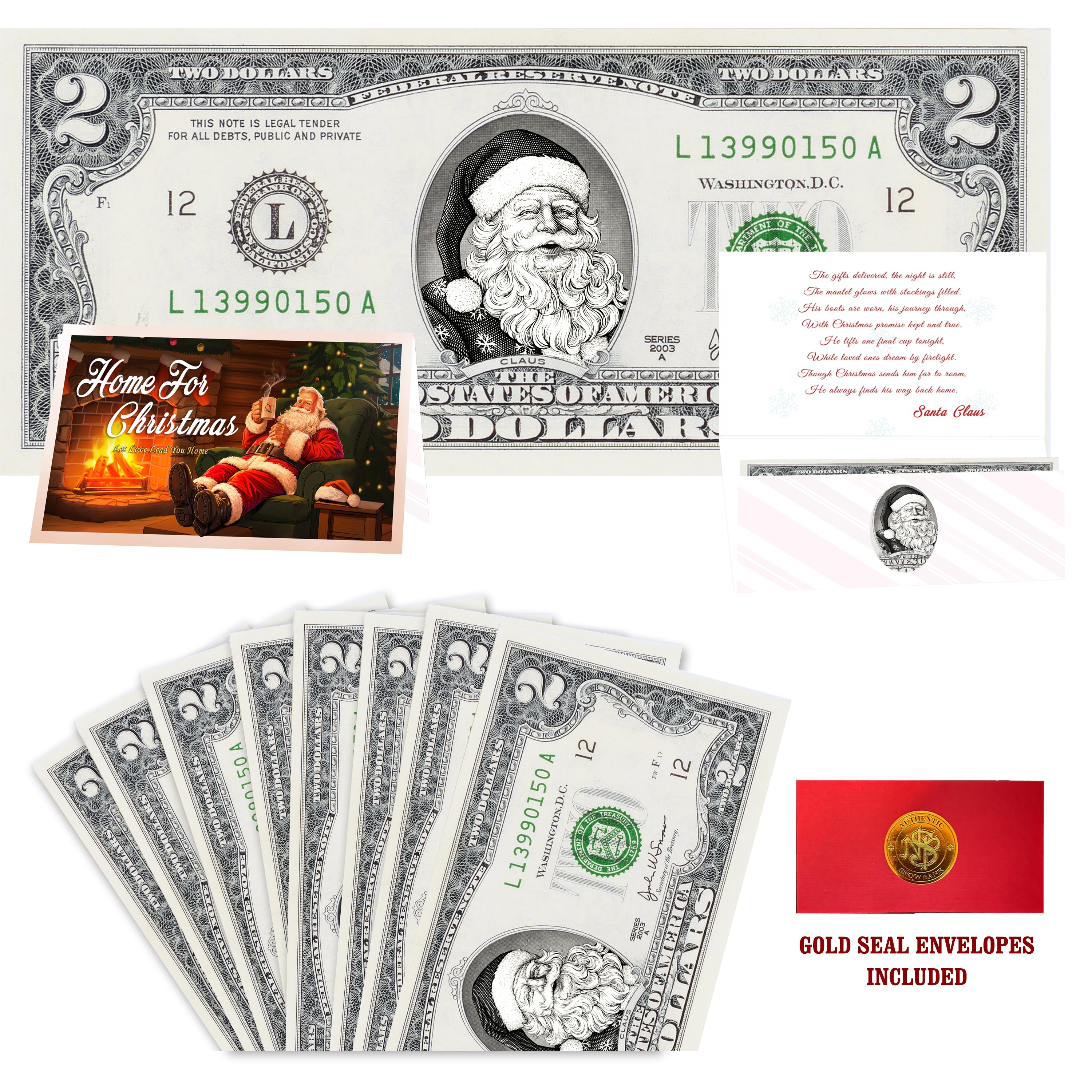 Eight $2 Santa Dollars featuring Snowflake Santa with Home for Christmas folded Christmas cards and gold-seal envelopes.