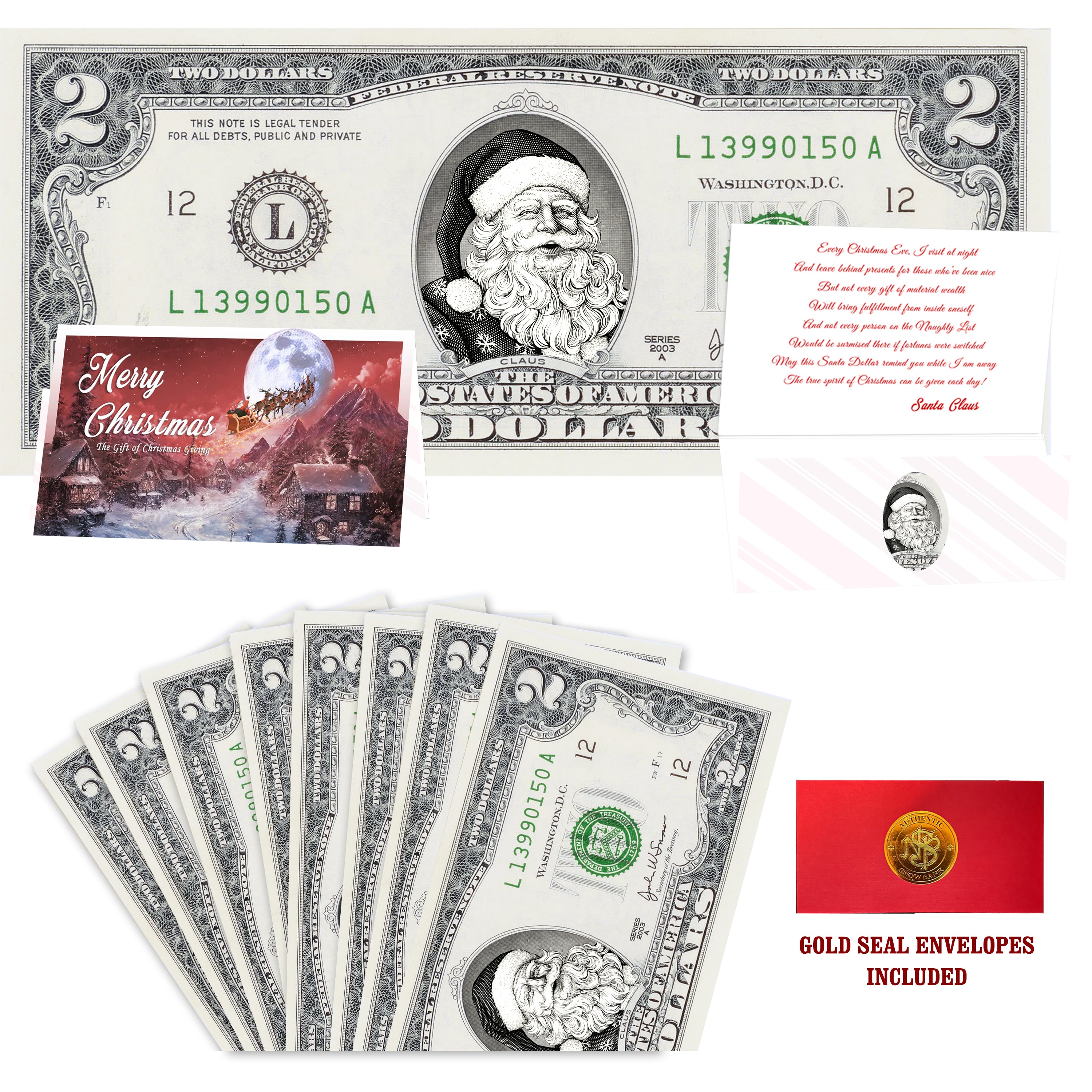 Eight $2 Santa Dollars featuring Snowflake Santa with To All a Goodnight folded Christmas cards and gold-seal envelopes.