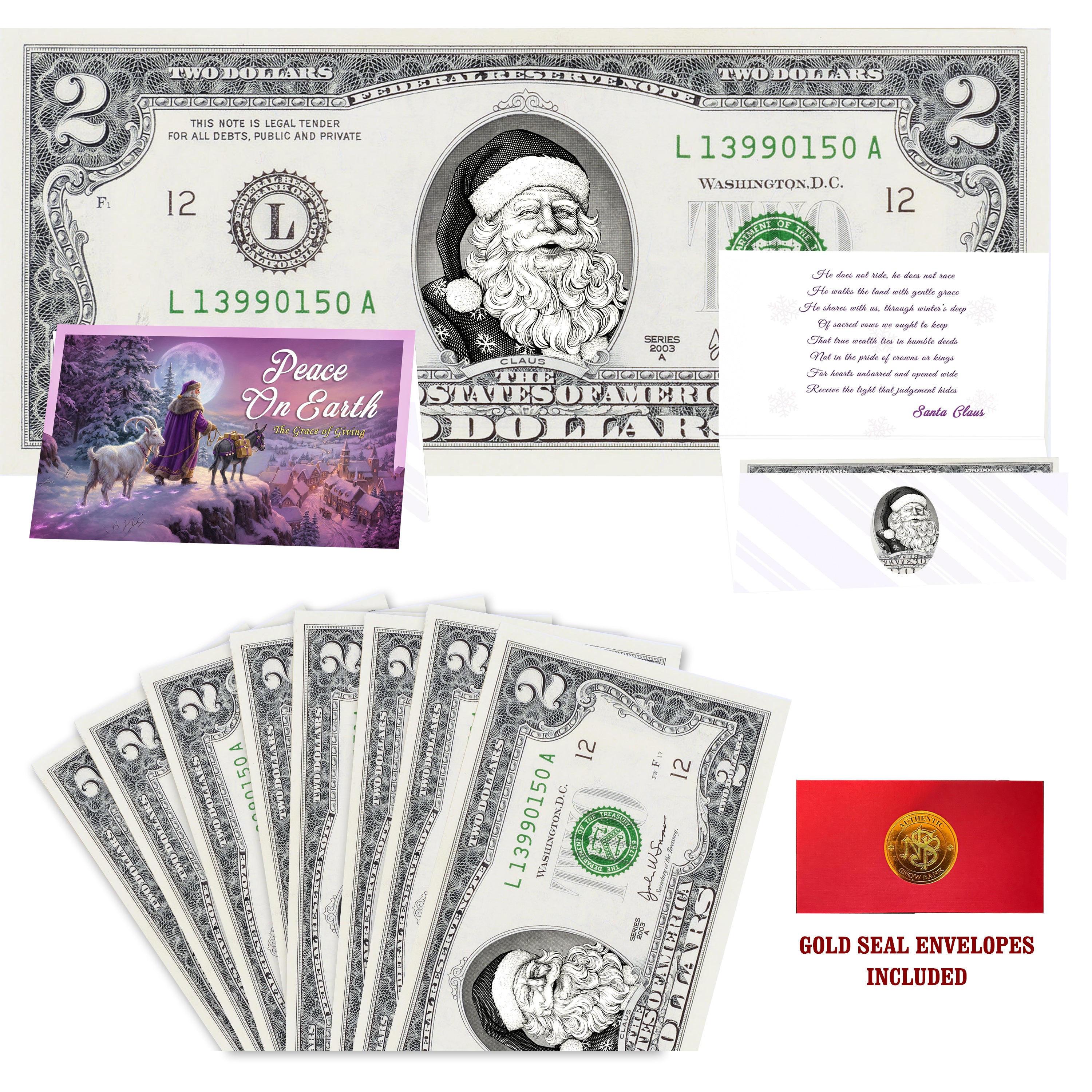 Eight $2 Santa Dollars featuring Snowflake Santa with Peace on Earth folded Christmas cards and gold-seal envelopes.
