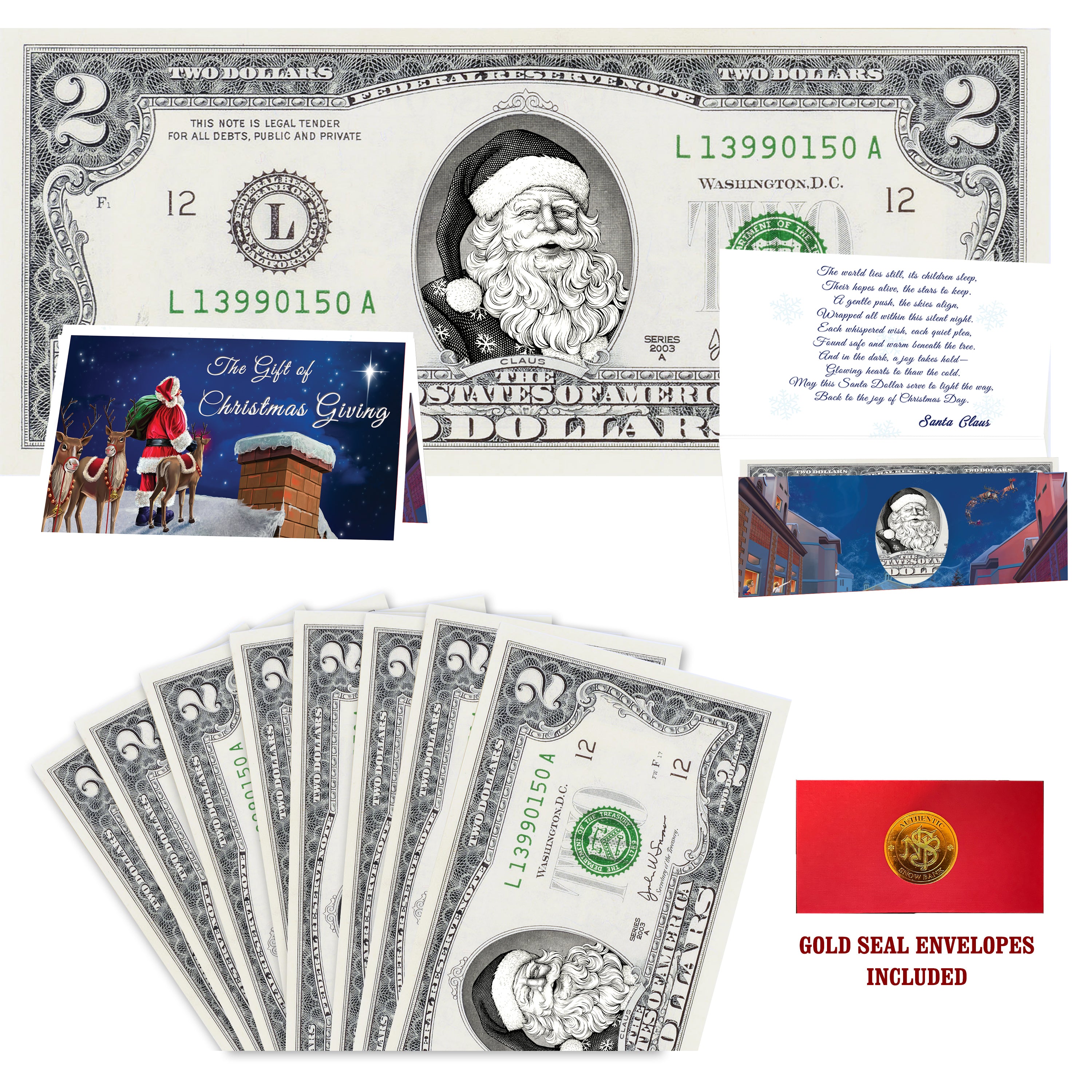 Eight $2 Santa Dollars featuring Snowflake Santa with Reindeer on Rooftops folded Christmas cards and gold-seal envelopes.