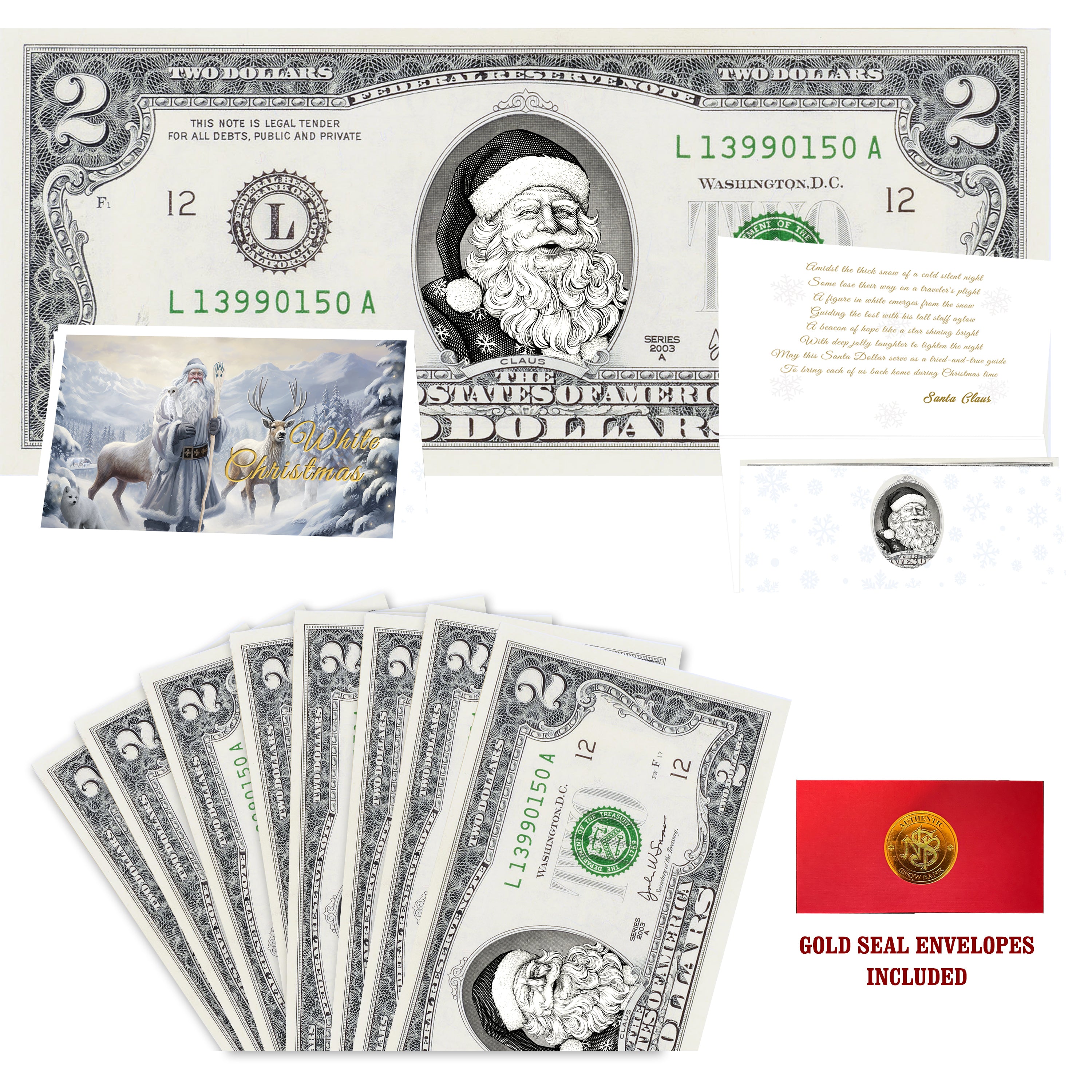 Eight $2 Santa Dollars featuring Snowflake Santa with White Christmas folded Christmas cards and gold-seal envelopes.
