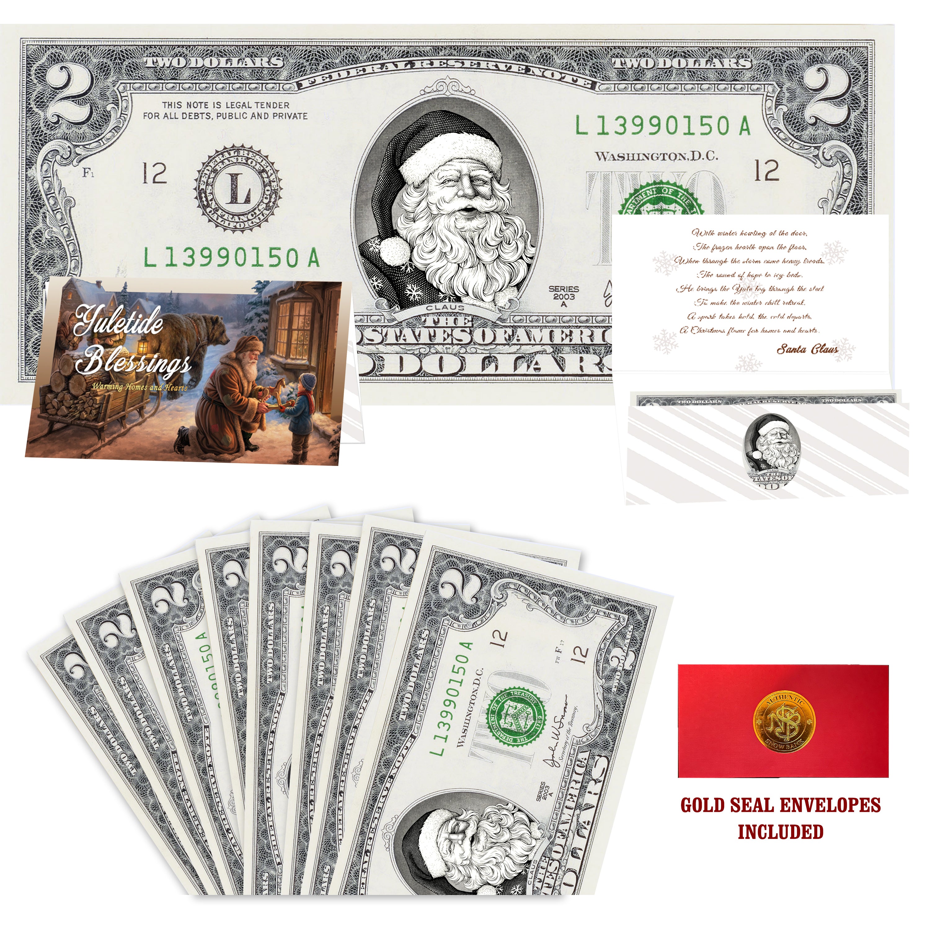 Eight $2 Santa Dollars featuring Snowflake Santa with Yuletide Blessings folded Christmas cards and gold-seal envelopes.