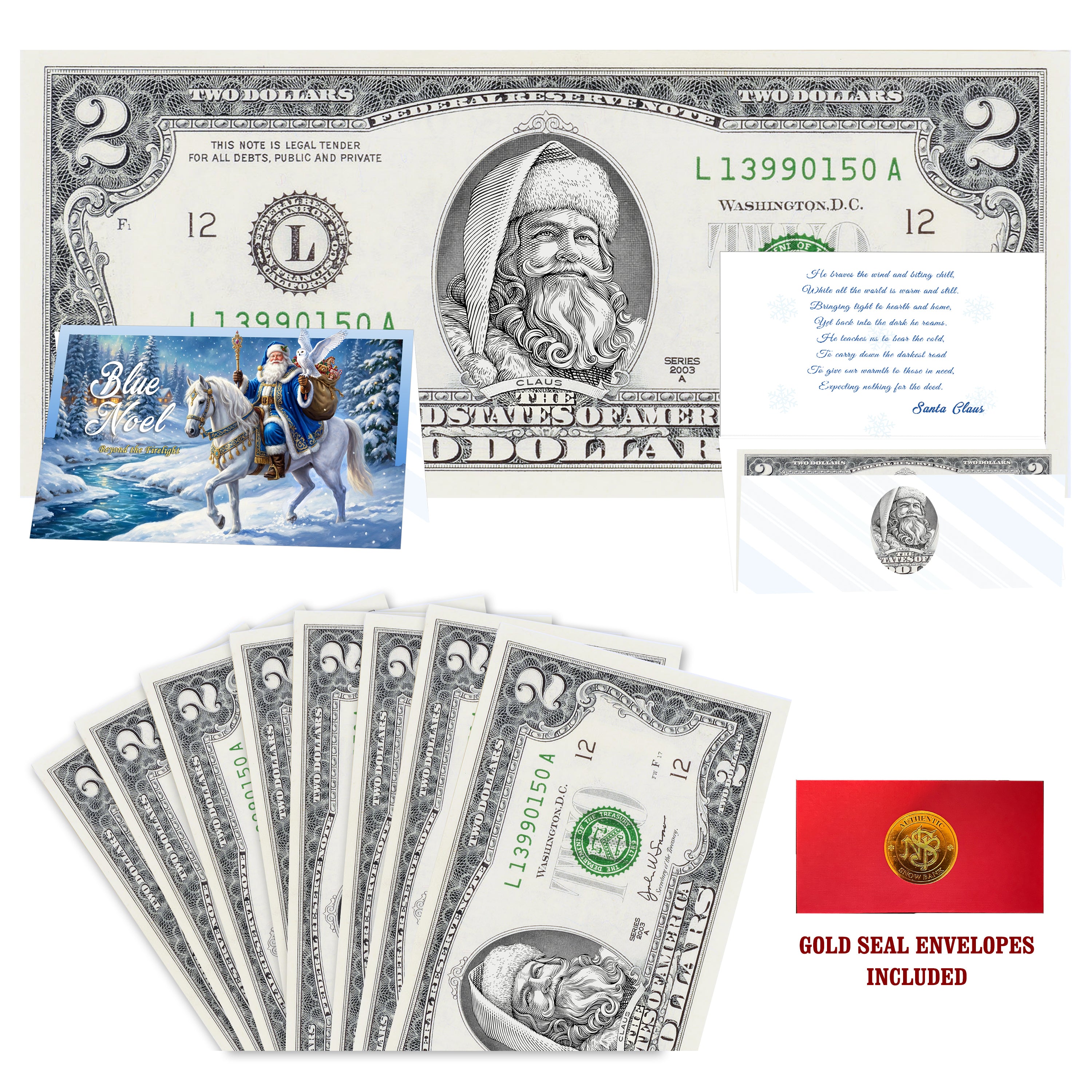 Eight $2 Santa Dollars featuring Santa the White with Blue Noel folded Christmas cards and gold-seal envelopes.