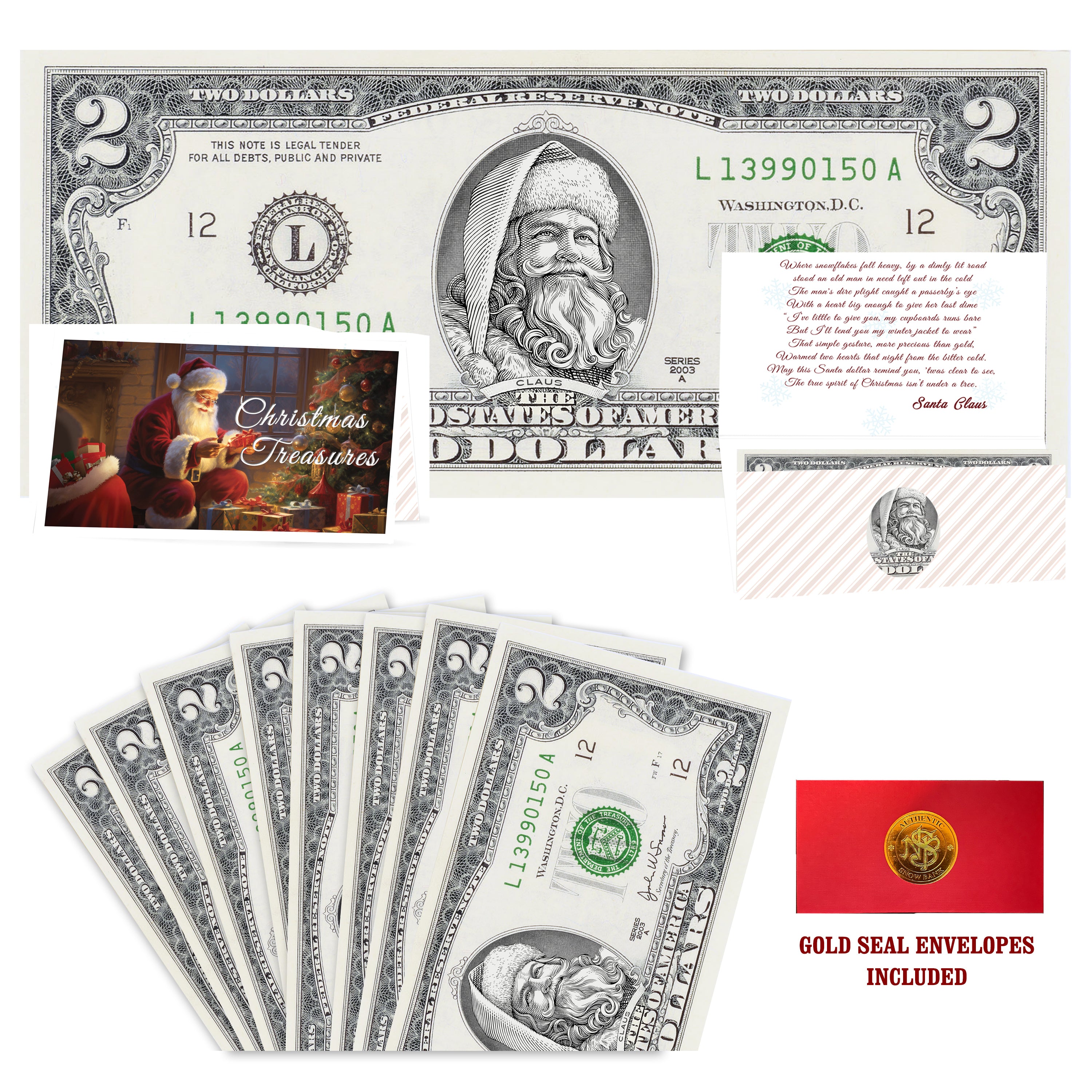 Eight $2 Santa Dollars featuring Santa the White with Christmas Treasures folded Christmas cards and gold-seal envelopes.