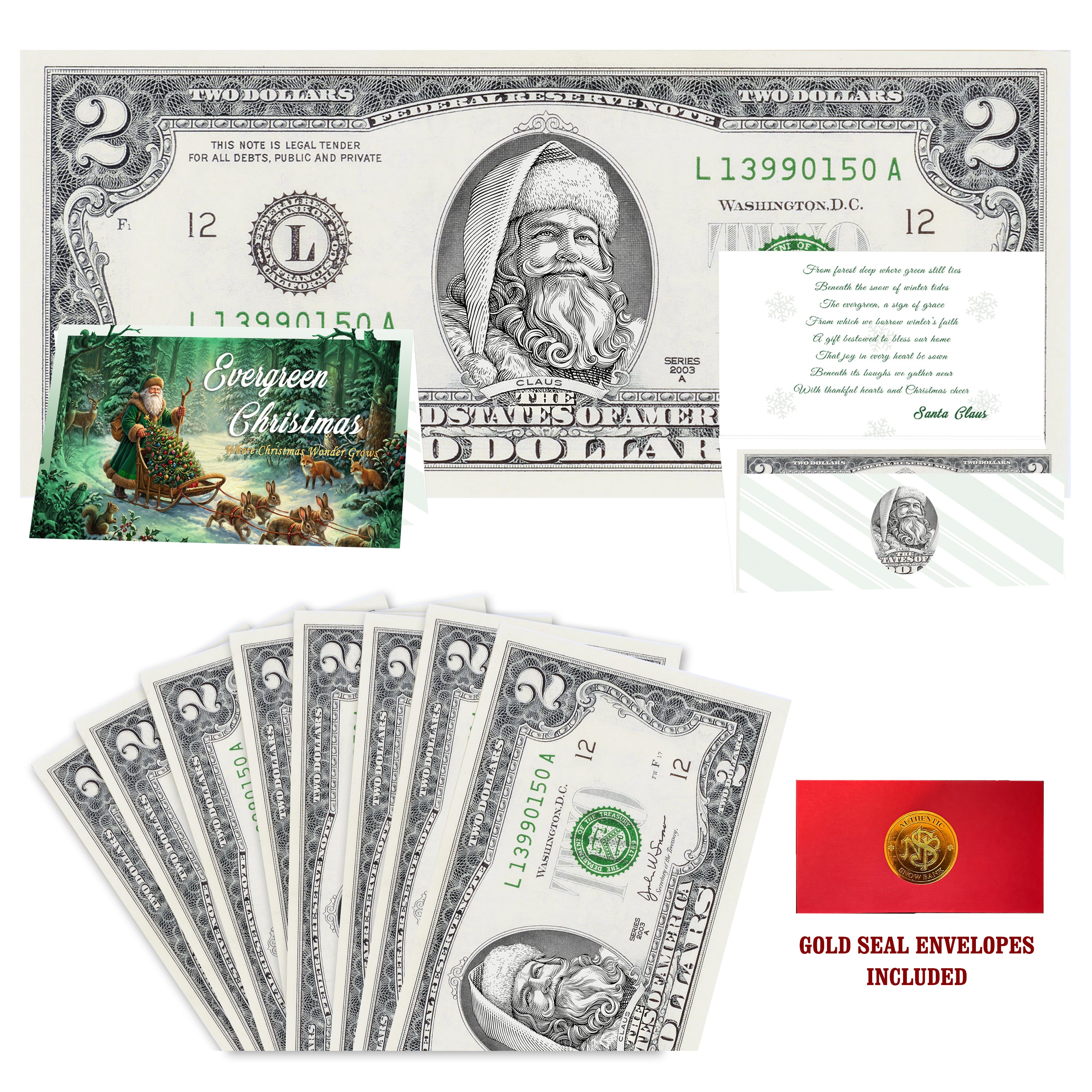 Eight $2 Santa Dollars featuring Santa the White with Evergreen Christmas folded Christmas cards and gold-seal envelopes.
