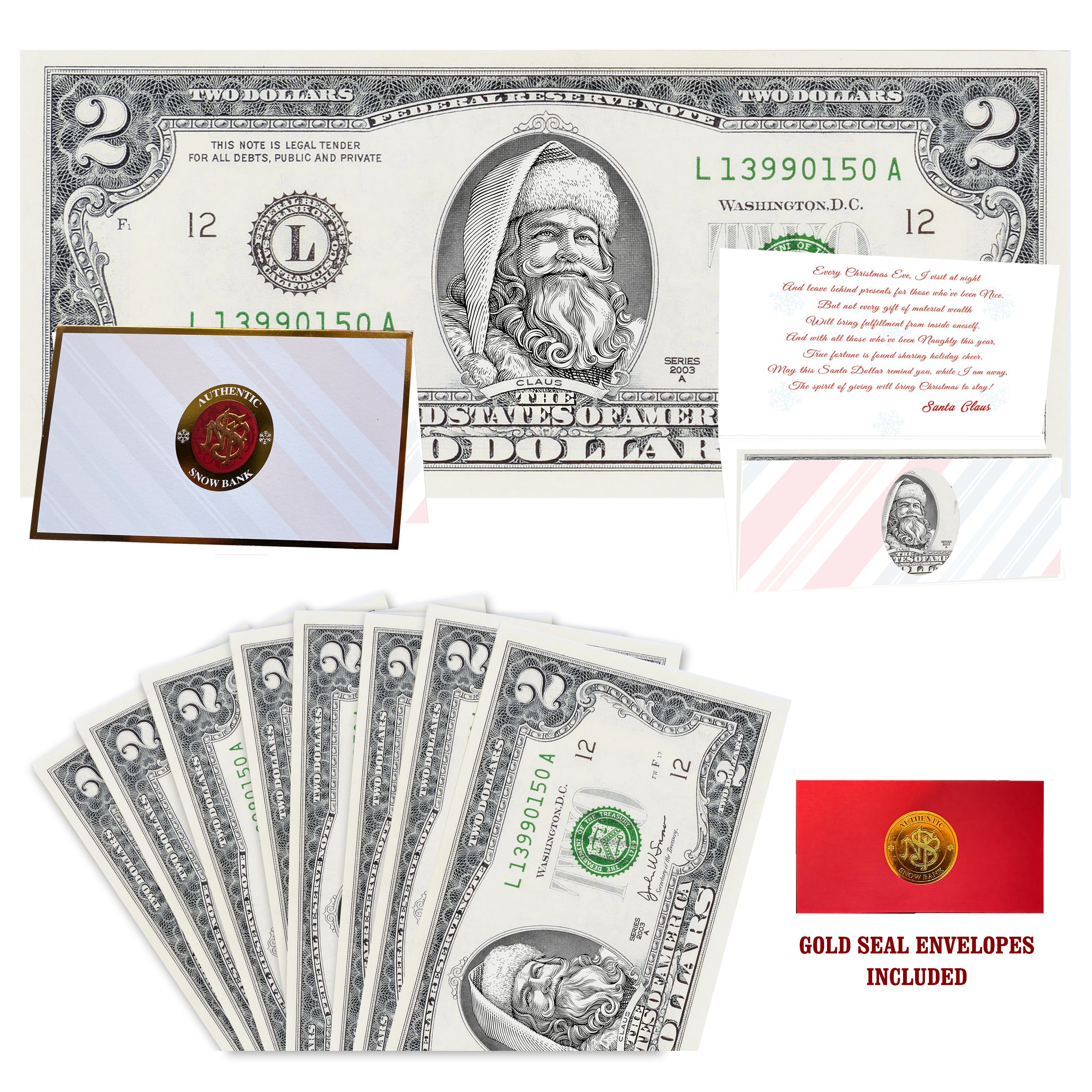 Eight $2 Santa Dollars featuring Santa the White with Snow Bank folded Christmas cards and gold-seal envelopes.