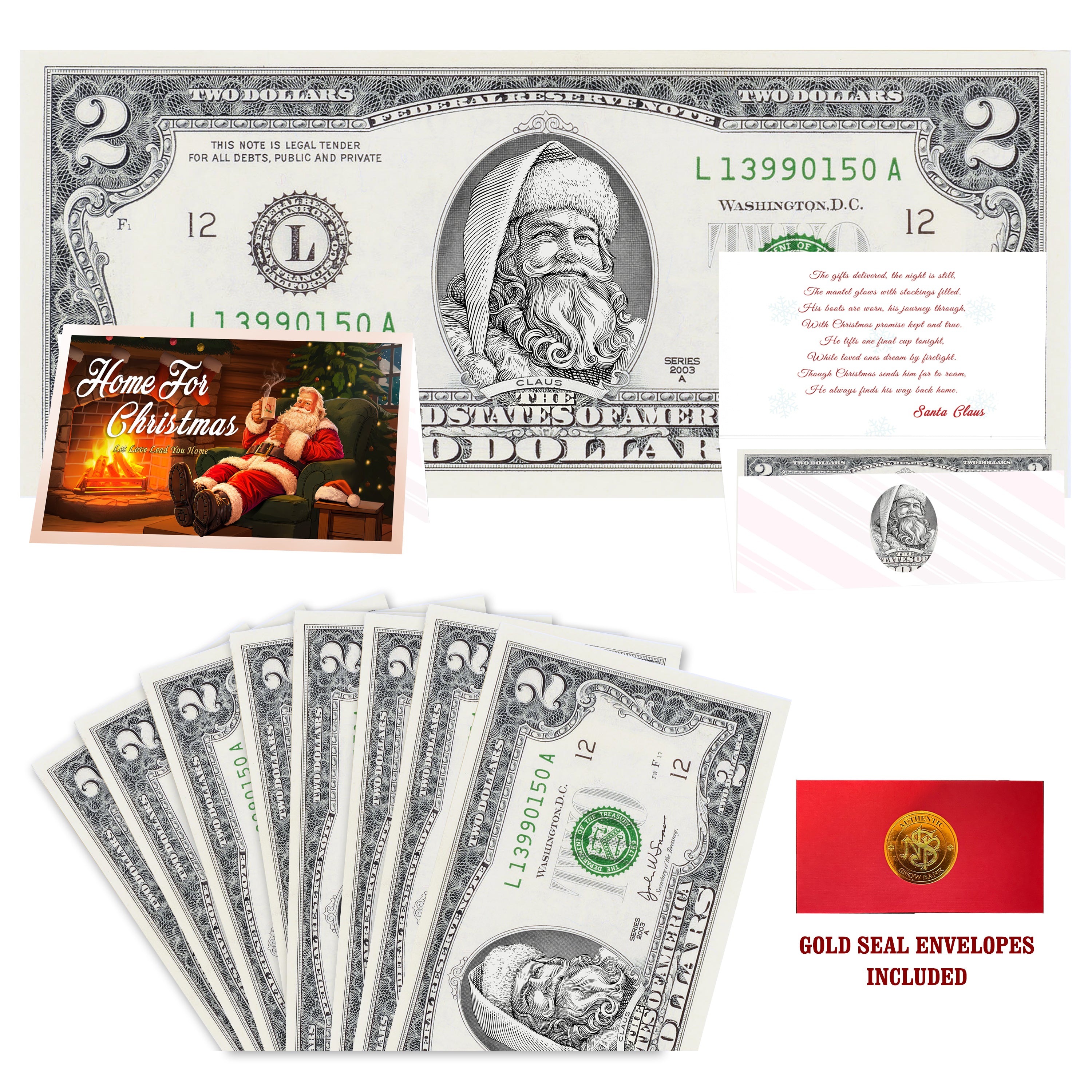 Eight $2 Santa Dollars featuring Santa the White with Home for Christmas folded Christmas cards and gold-seal envelopes.