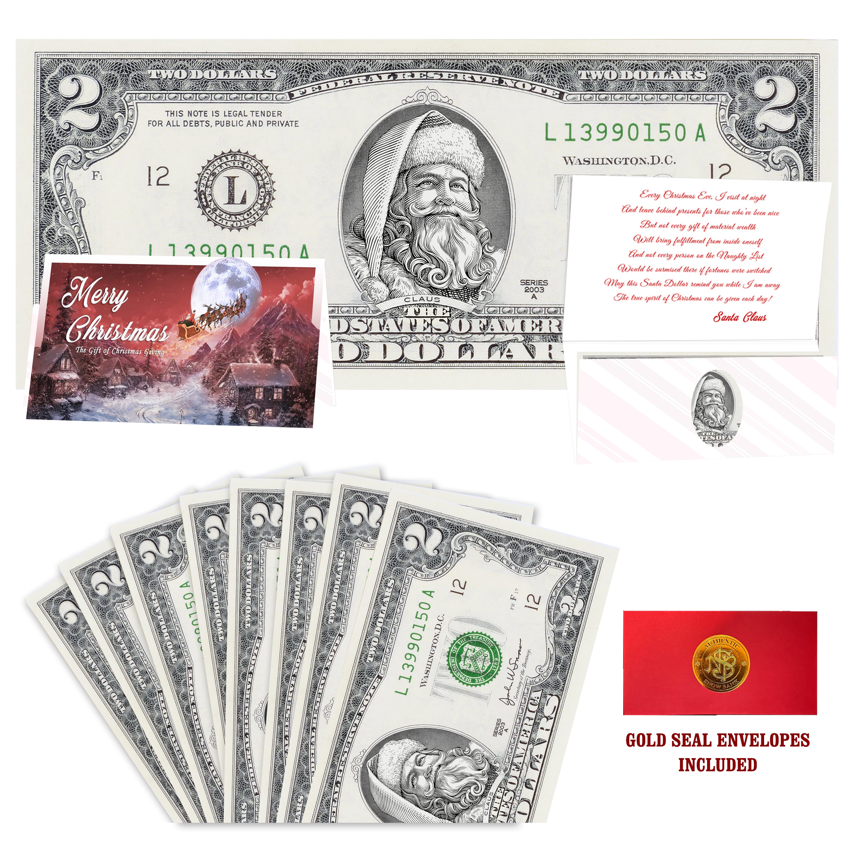 Eight $2 Santa Dollars featuring Santa the White with To All a Goodnight folded Christmas cards and gold-seal envelopes.