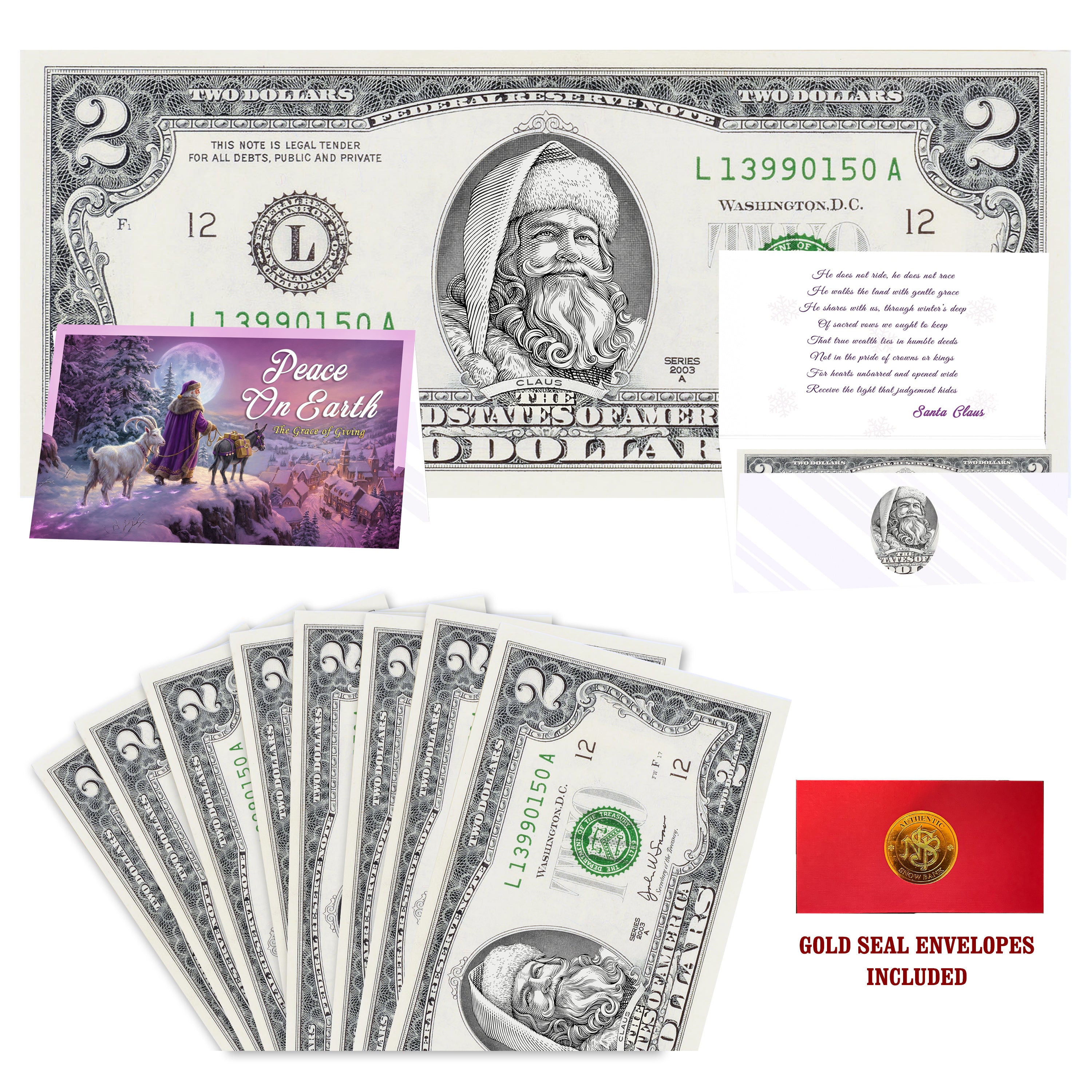 Eight $2 Santa Dollars featuring Santa the White with Peace on Earth folded Christmas cards and gold-seal envelopes.