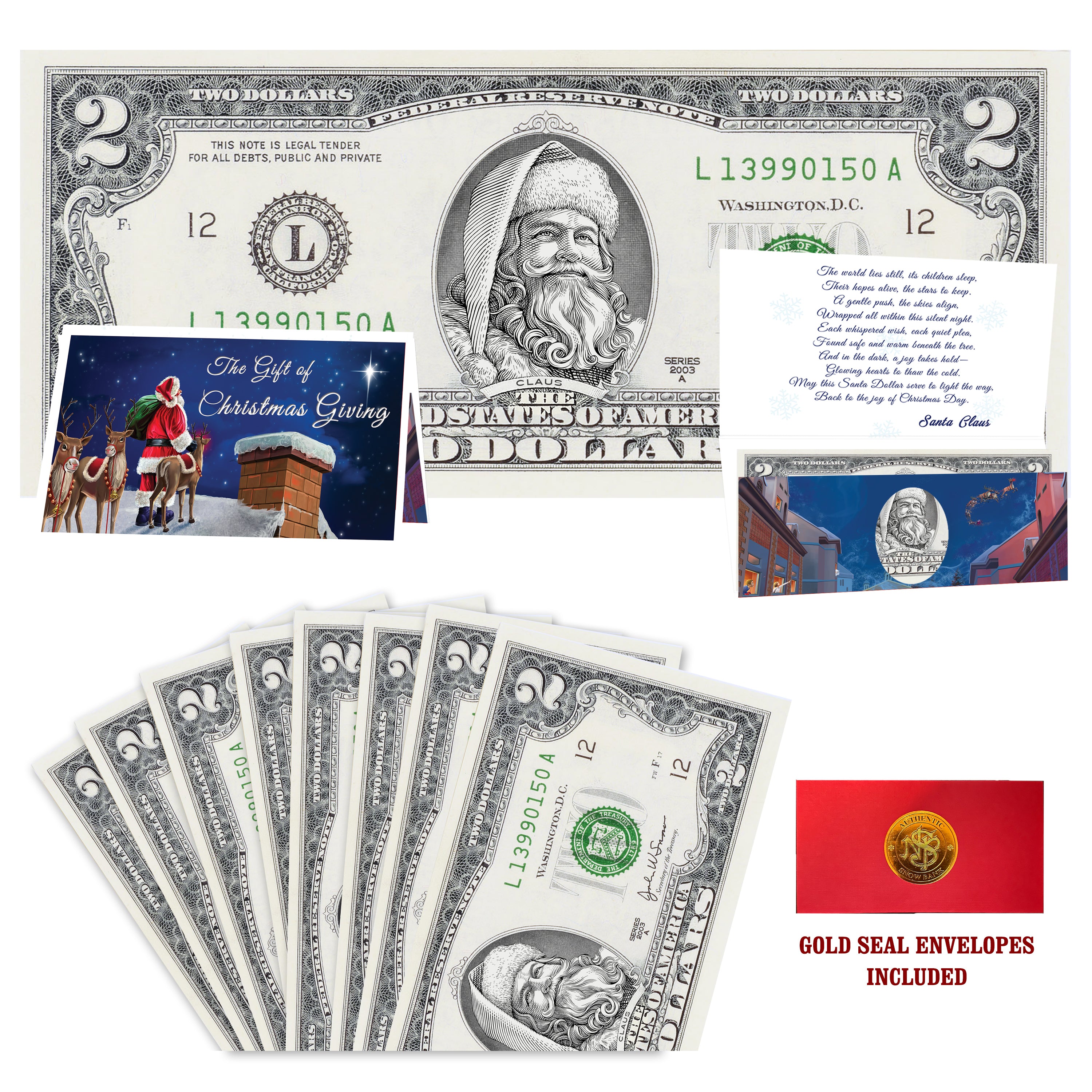 Eight $2 Santa Dollars featuring Santa the White with Reindeer on Rooftops folded Christmas cards and gold-seal envelopes.