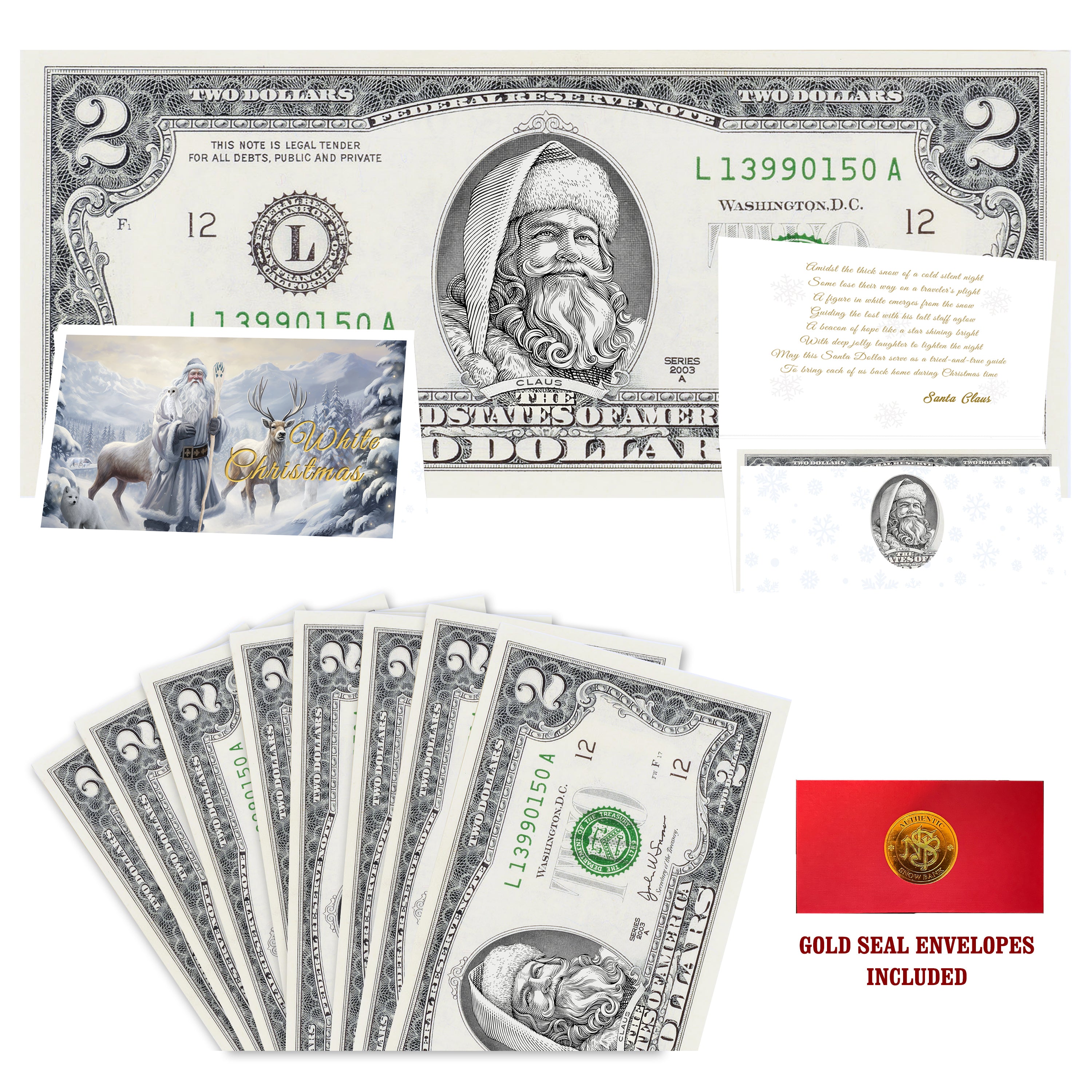 Eight $2 Santa Dollars featuring Santa the White with White Christmas folded Christmas cards and gold-seal envelopes.