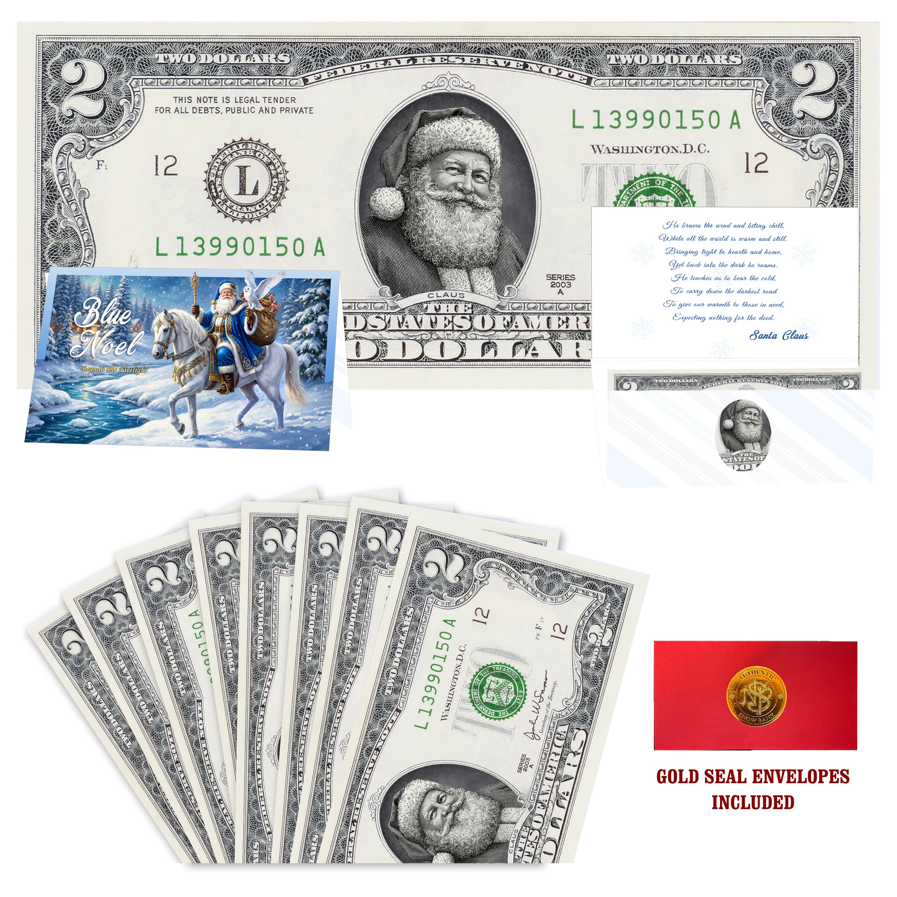 Eight $2 Santa Dollars featuring Twinkle in His Eye Santa with Blue Noel folded Christmas cards and gold-seal envelopes.