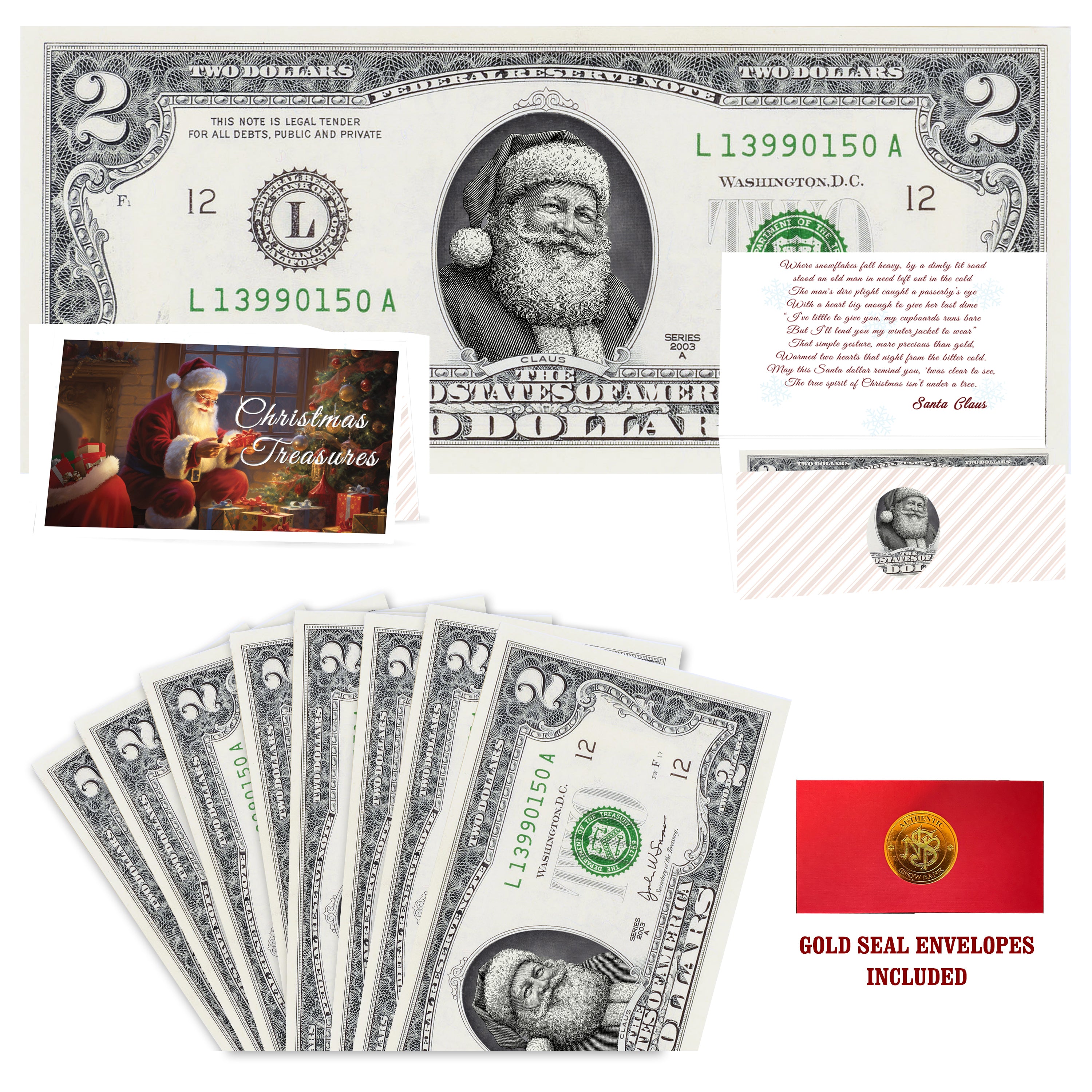 Eight $2 Santa Dollars featuring Twinkle in His Eye Santa with Christmas Treasures folded Christmas cards and gold-seal envelopes.
