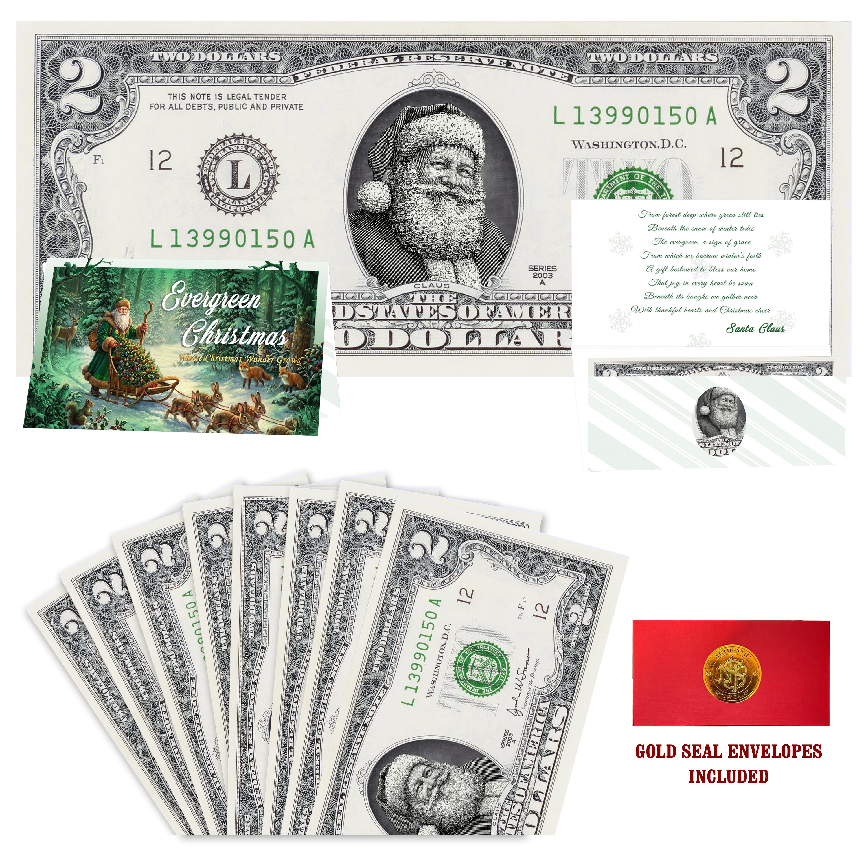 Eight $2 Santa Dollars featuring Twinkle in His Eye Santa with Evergreen Christmas folded Christmas cards and gold-seal envelopes.