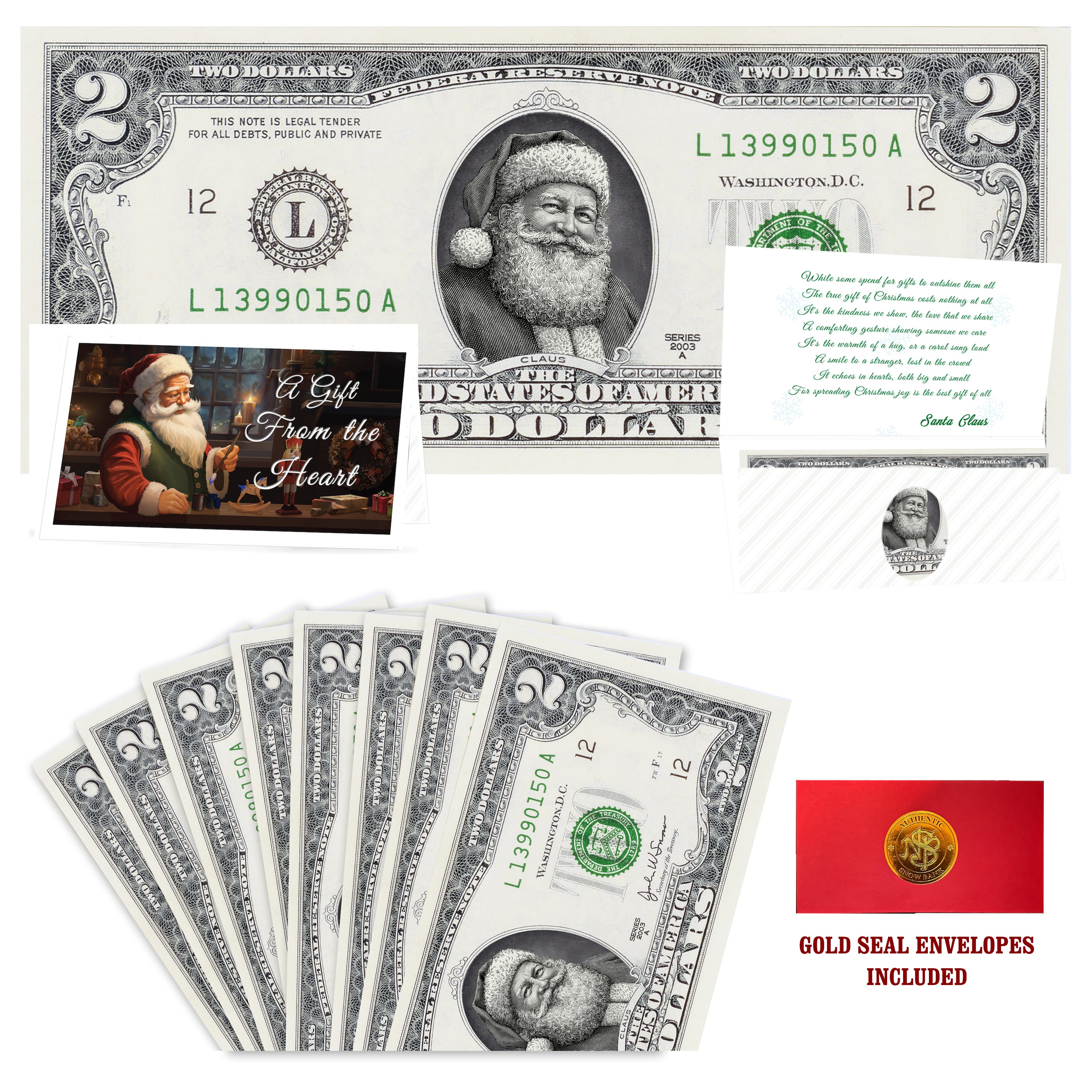 Eight $2 Santa Dollars featuring Twinkle in His Eye Santa with Gift From the Heart folded Christmas cards and gold-seal envelopes.