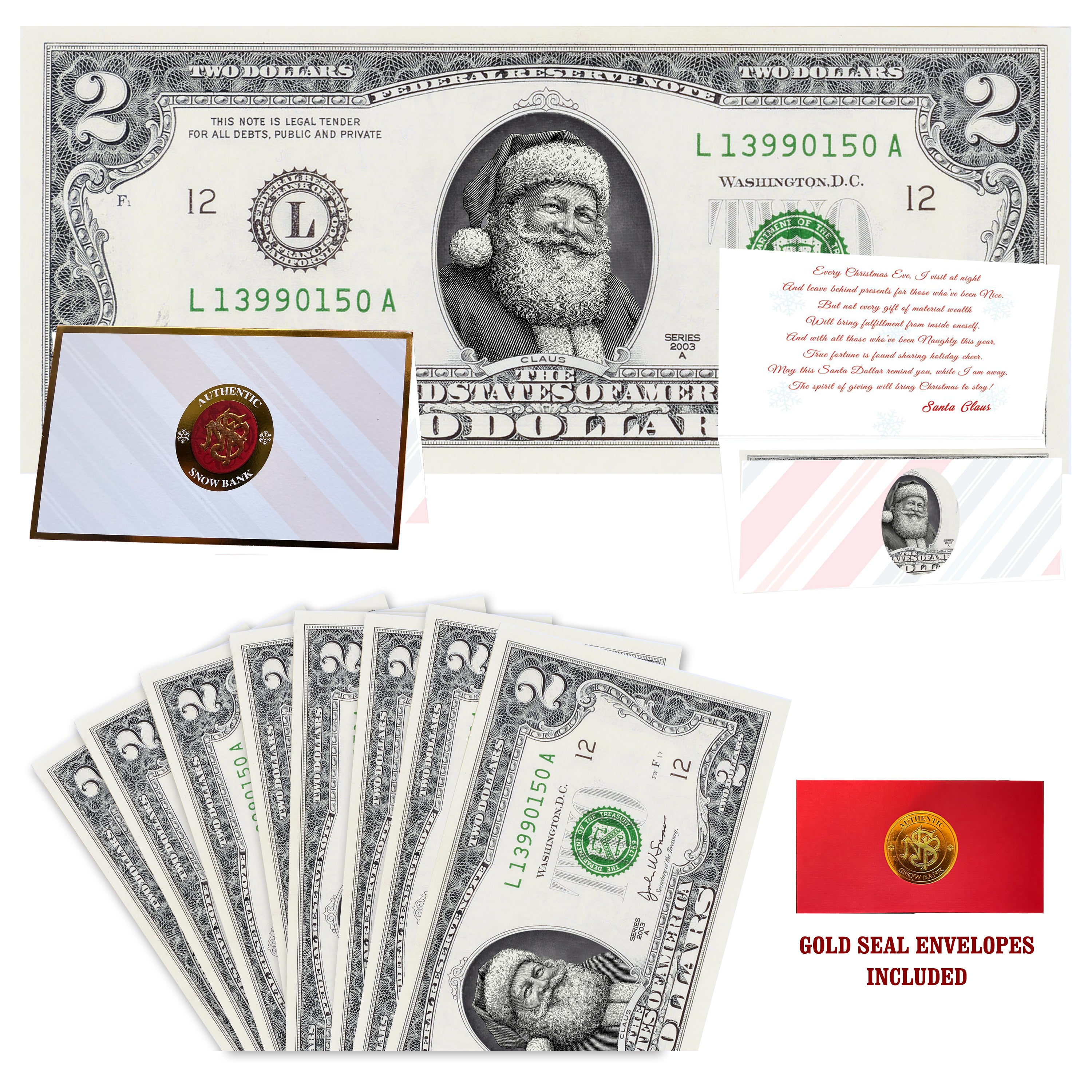 Eight $2 Santa Dollars featuring Twinkle in His Eye Santa with Snow Bank folded Christmas cards and gold-seal envelopes.