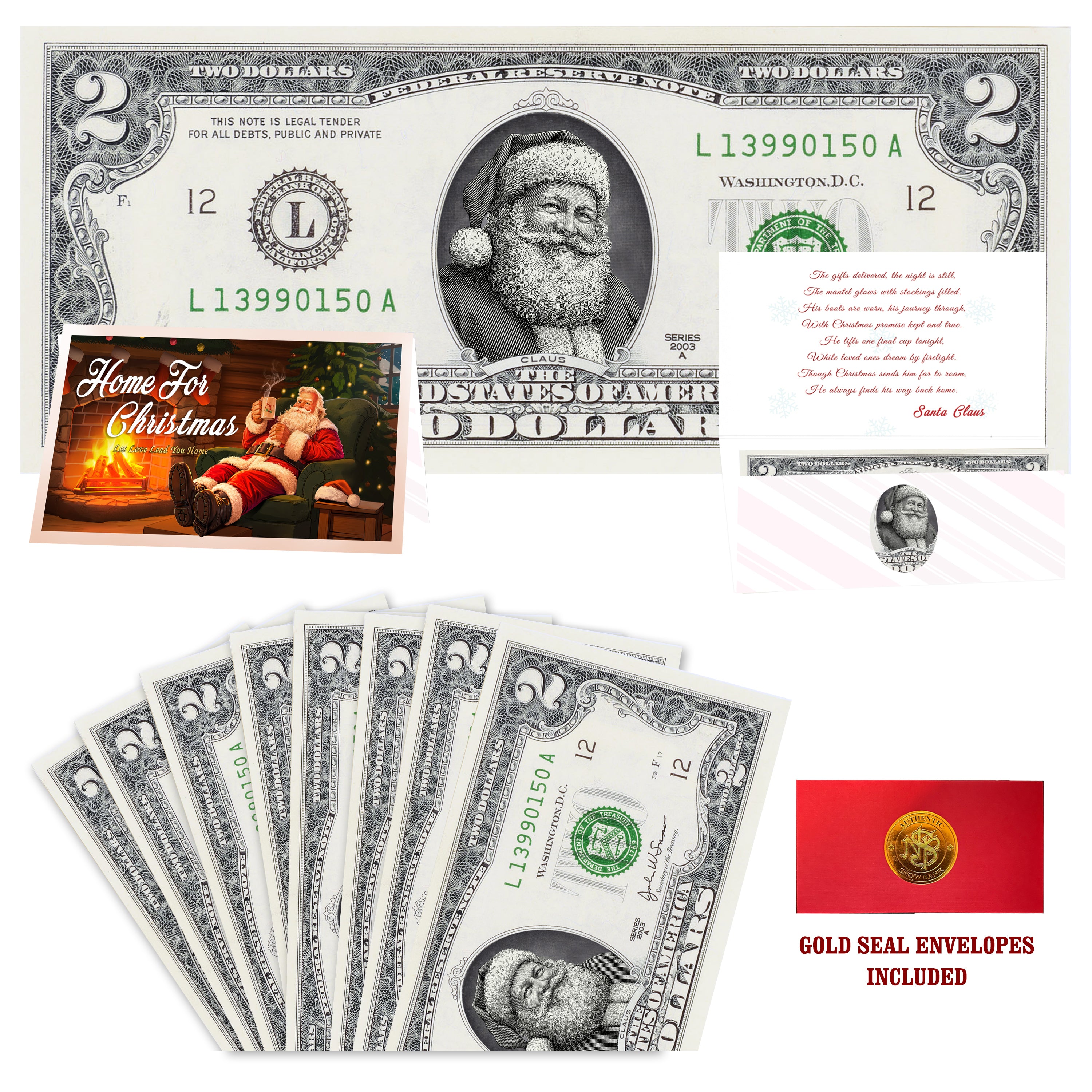 Eight $2 Santa Dollars featuring Twinkle in His Eye Santa with Home for Christmas folded Christmas cards and gold-seal envelopes.