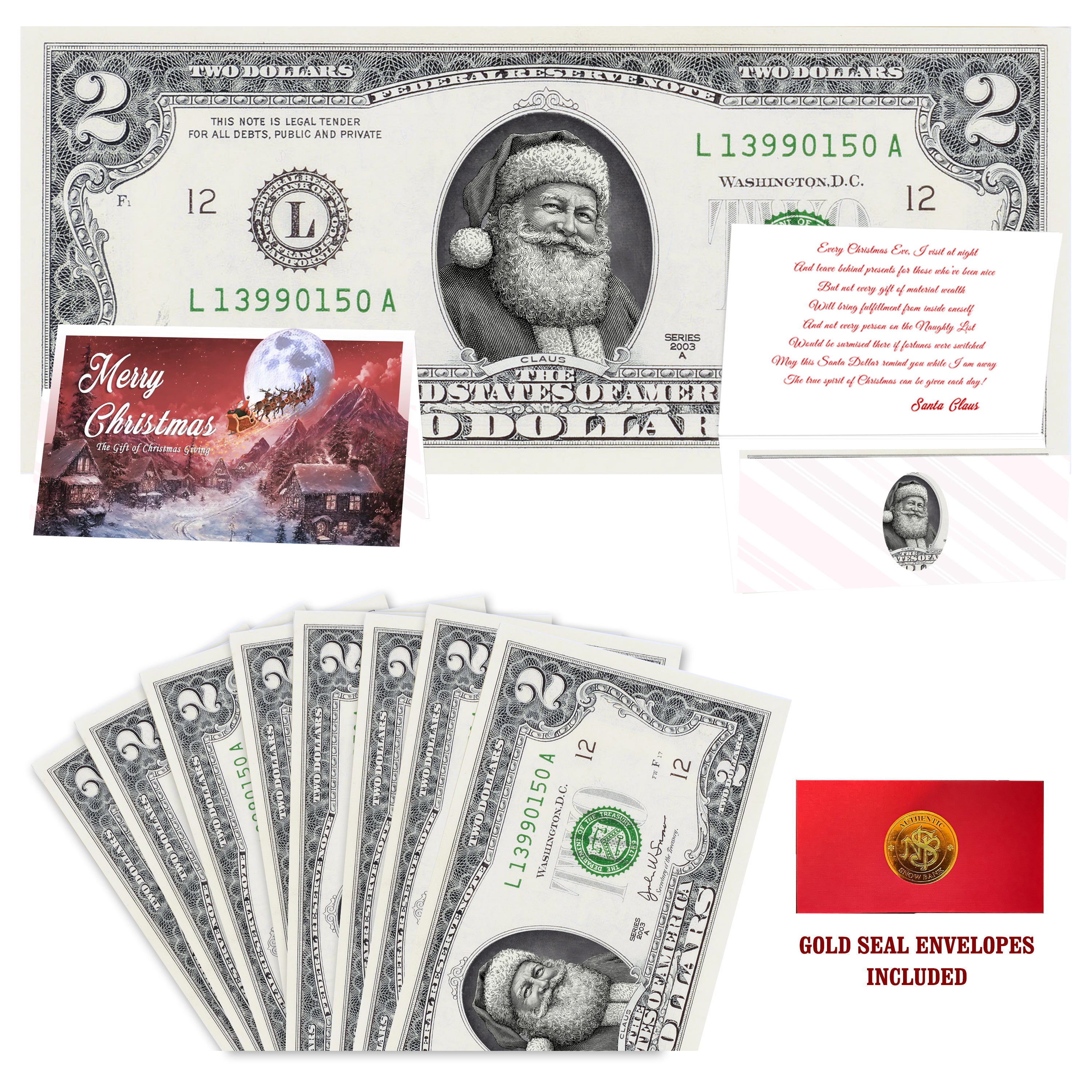 Eight $2 Santa Dollars featuring Twinkle in His Eye Santa with To All a Goodnight folded Christmas cards and gold-seal envelopes.