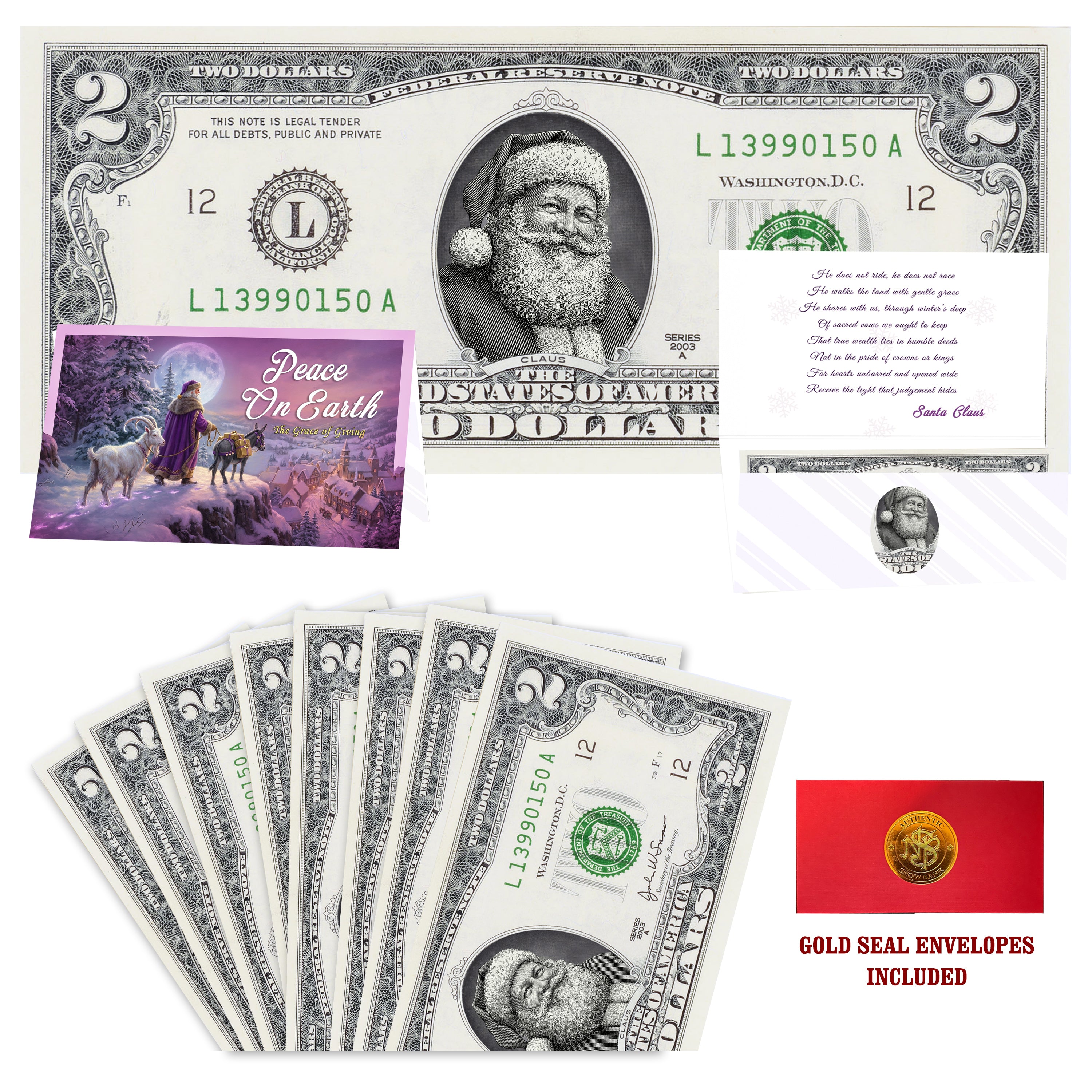 Eight $2 Santa Dollars featuring Twinkle in His Eye Santa with Peace on Earth folded Christmas cards and gold-seal envelopes.