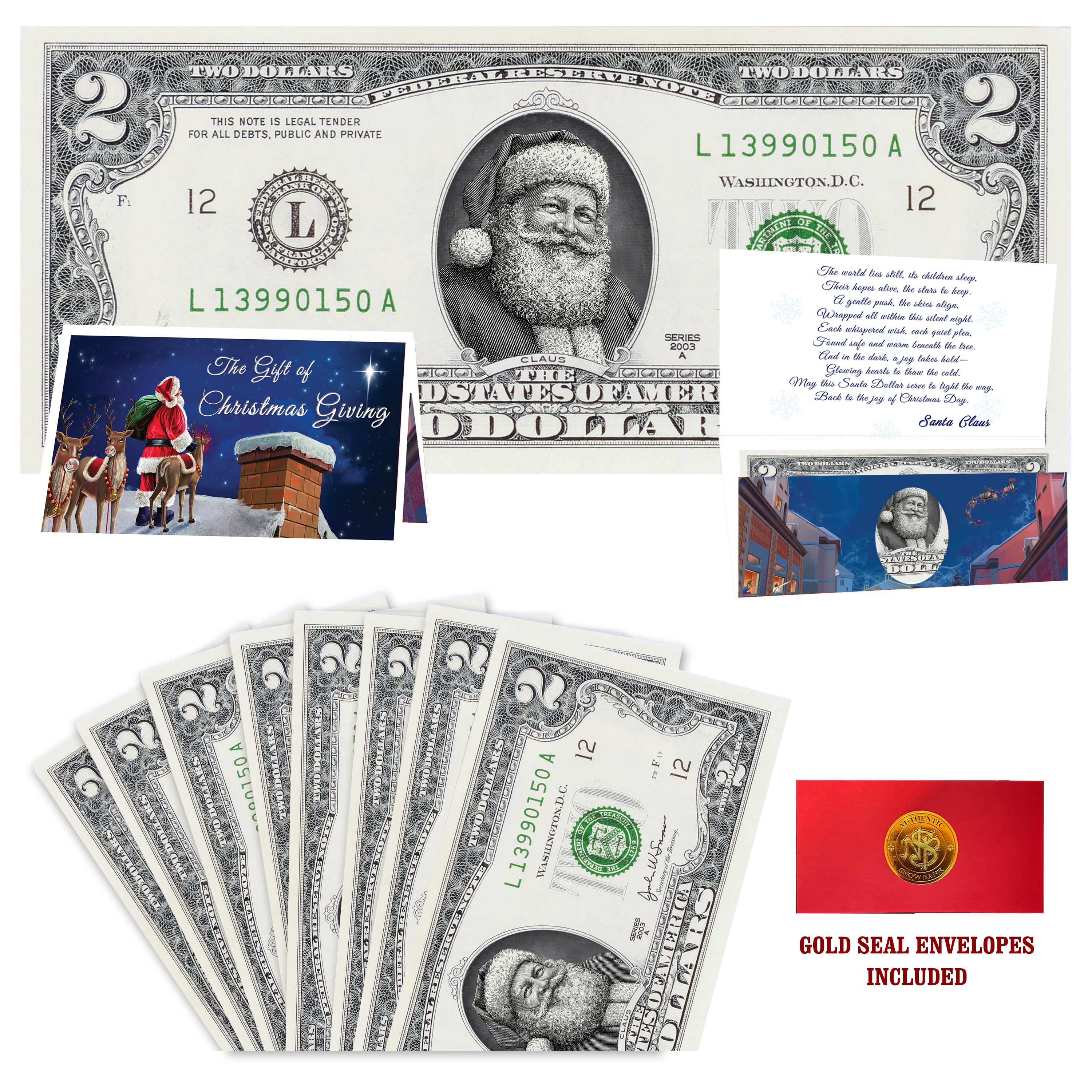 Eight $2 Santa Dollars featuring Twinkle in His Eye Santa with Reindeer on Rooftops folded Christmas cards and gold-seal envelopes.