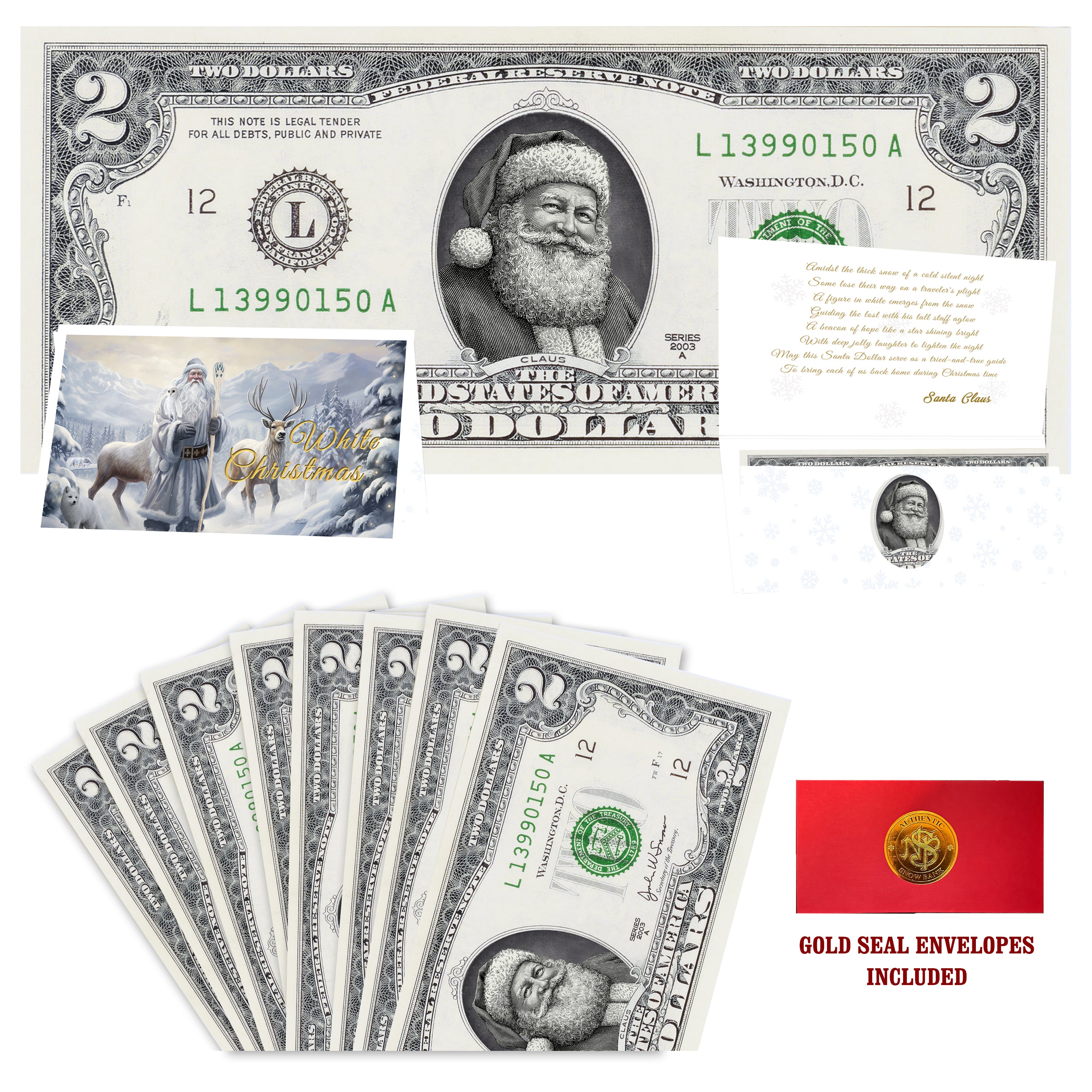 Eight $2 Santa Dollars featuring Twinkle in His Eye Santa with White Christmas folded Christmas cards and gold-seal envelopes.