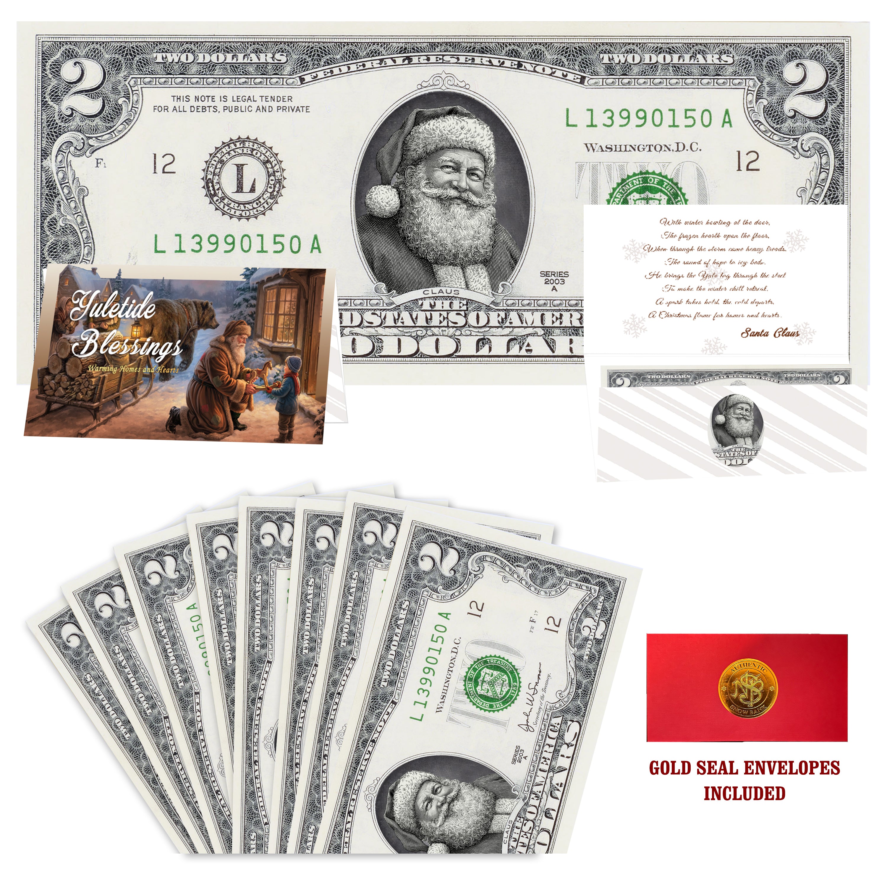 Eight $2 Santa Dollars featuring Twinkle in His Eye Santa with Yuletide Blessings folded Christmas cards and gold-seal envelopes.