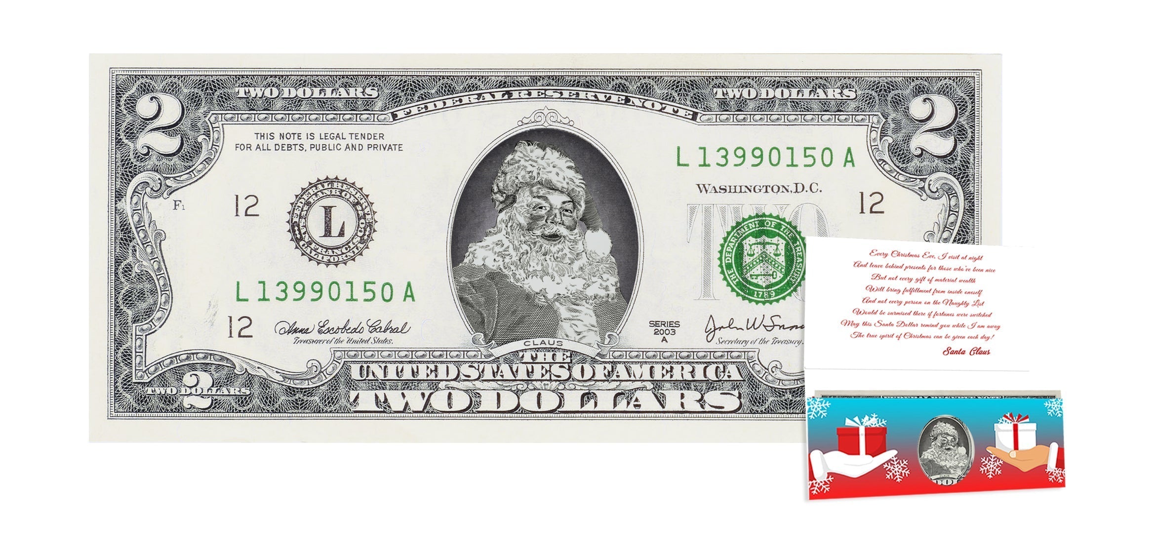 Official Santa Claus $2 Bill. Santa the White Version. Real USD. Bankable & Spendable. The Gift of Christmas Giving