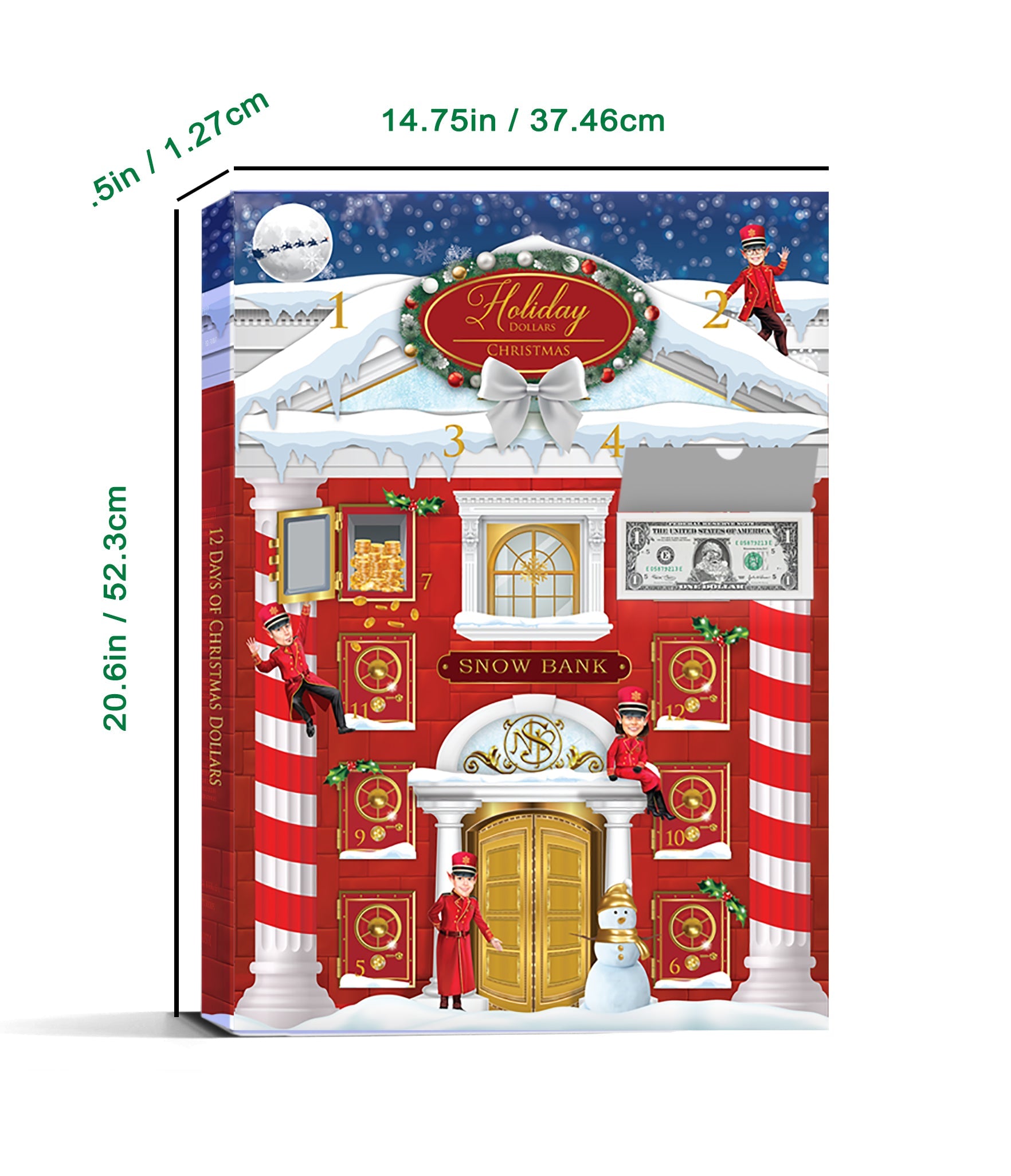 12 Days of Christmas Dollars Advent Calendar. 12 Real Bankable and Spendable Dollars in a 12 day Advent Calendar Snow Bank Box. Two Dollar Edition
