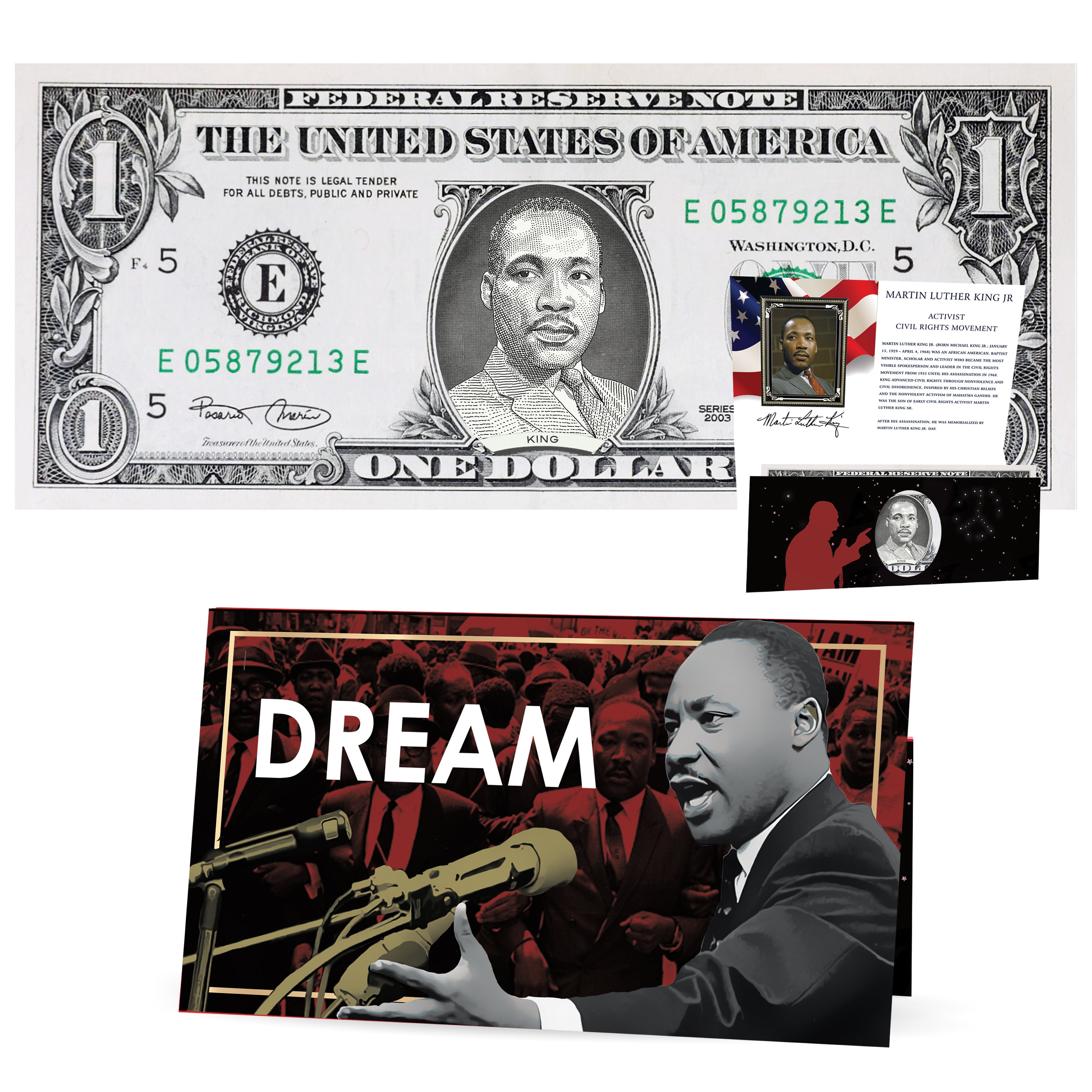 Martin Luther King Jr Dollar Bill. Real USD. bankable & Spendable. The Official Dollar Bill of Martin Luther King Jr Day