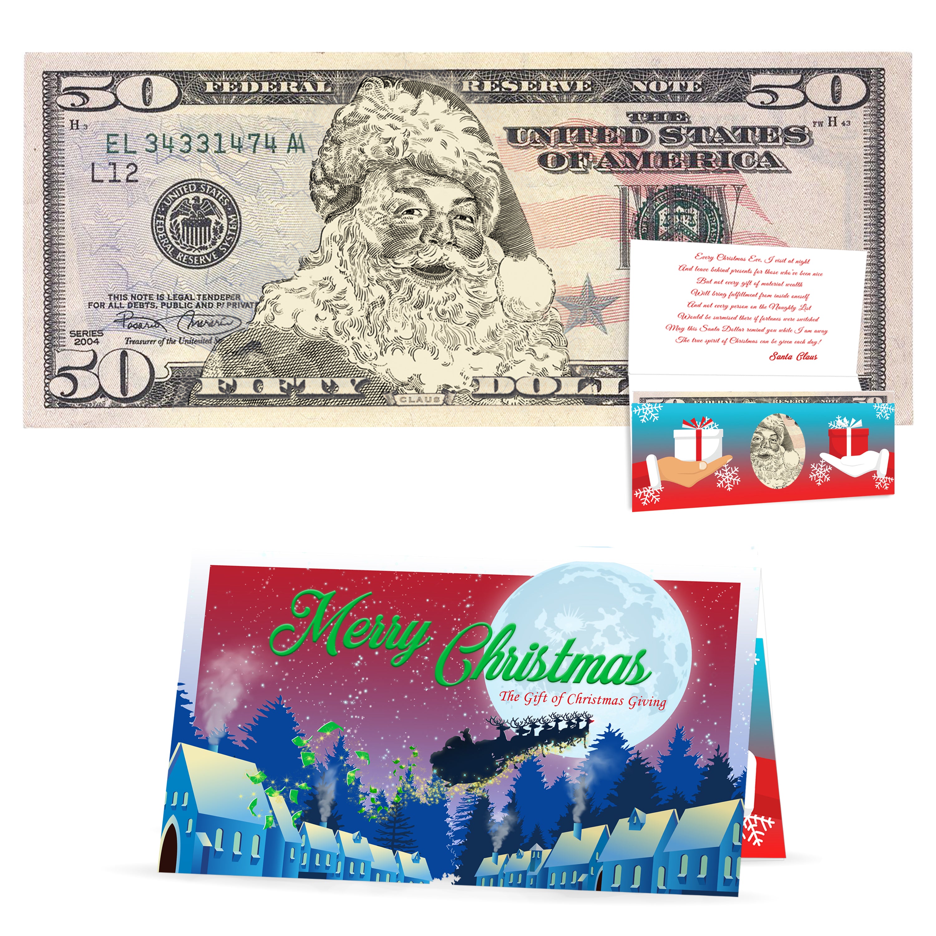 The Official Santa Claus Dollar Bill Full Set. Includes 1.0, 2.0, 5.0, 10.0, 20.0, 50.0 and 100.0 USD! Real USD. Bankable and Spendable. Complete Santa Gift and Card Included for Each Bill