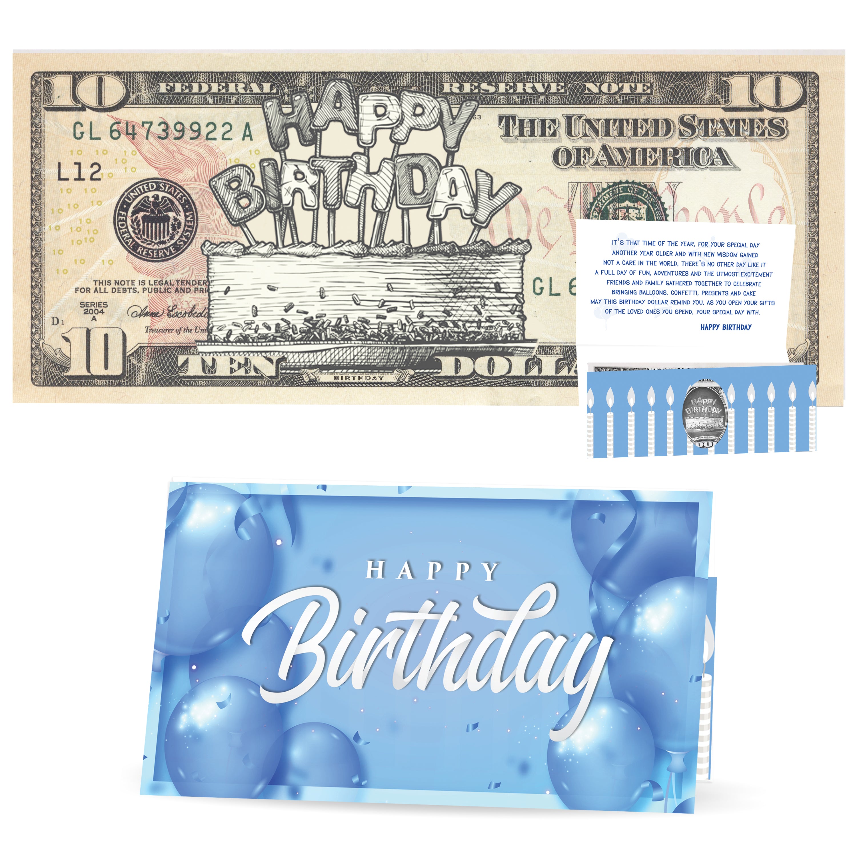 Birthday Card for Him and Official Birthday Dollar. Real 10.0 USD. Each Bill Comes with a Birthday Card, Currency Holder and Birthday Poem Active
