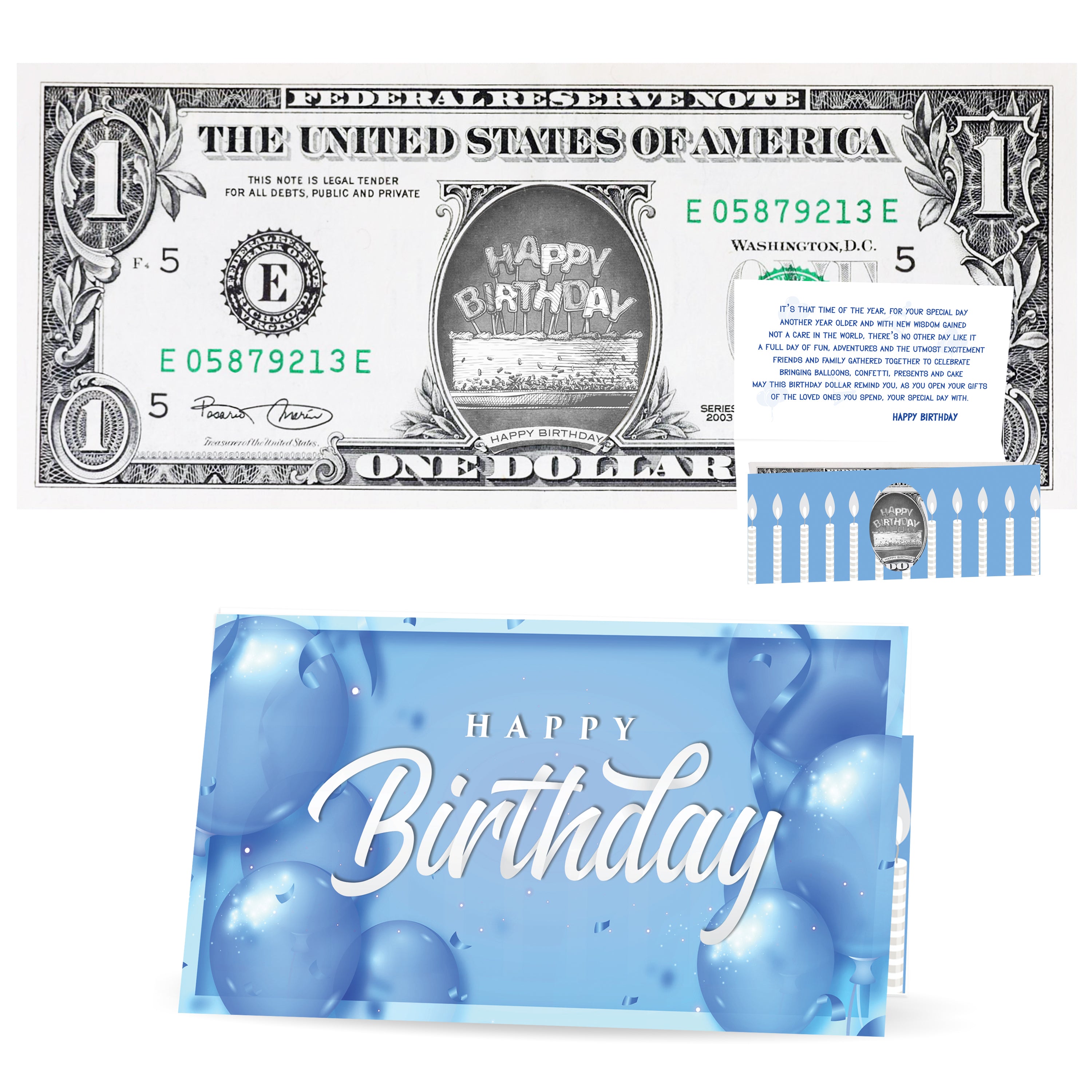 Birthday Card for Him and Official Birthday Dollar. Real 1.0 USD. Each Bill Comes with a Birthday Card, Currency Holder and Birthday Poem Active
