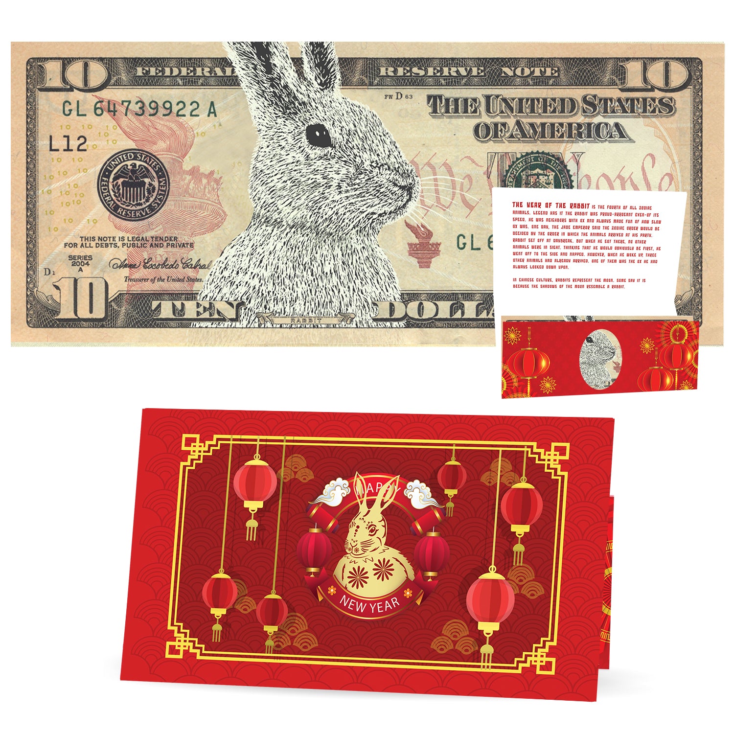 Official Chinese New Year Lucky Dollar Money: Real 10.0 USD. Bankable & Spendable. Year of the Rabbit Lucky Red Packet and Envelope