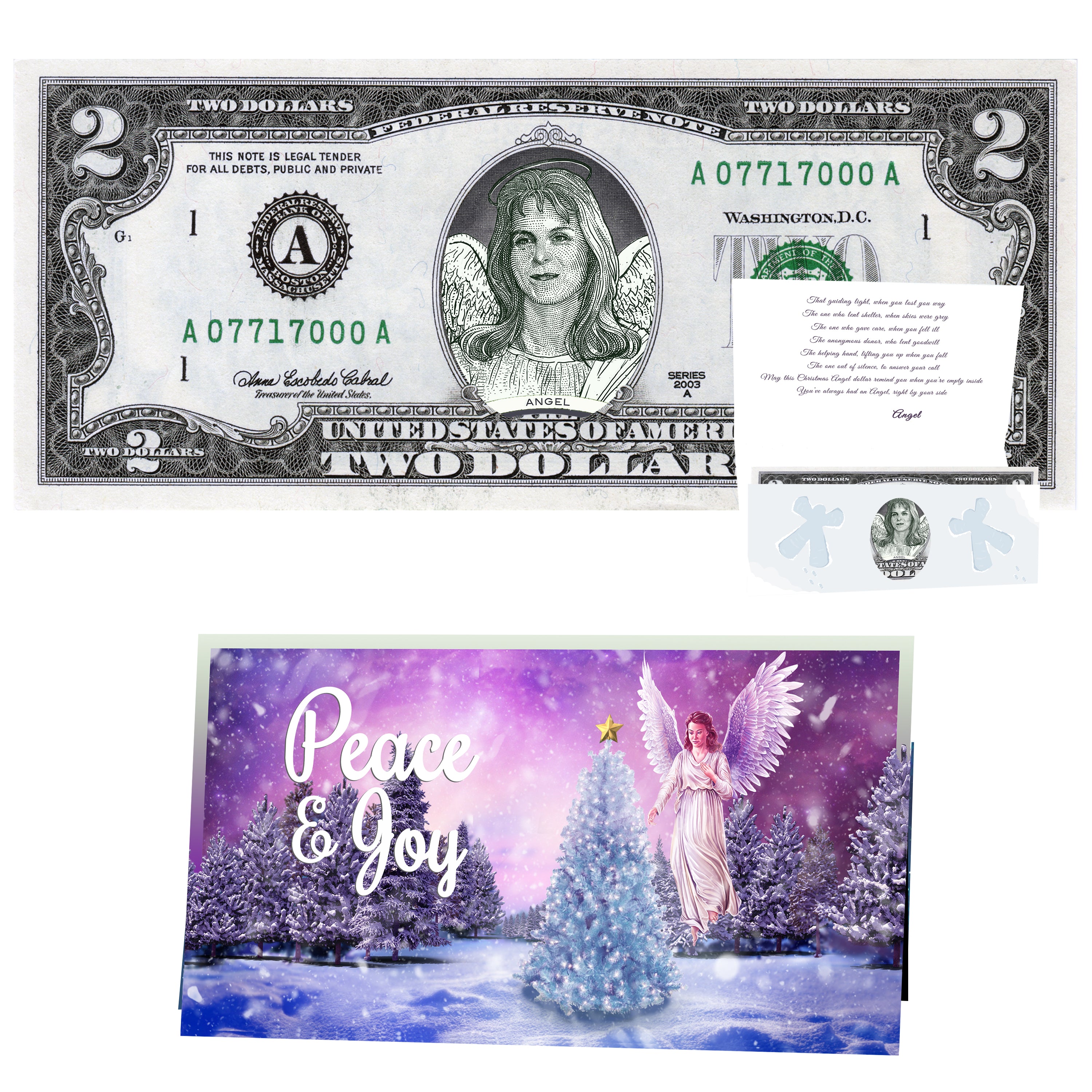 Christmas Angel 2.0 USD Dollar Bill Stocking Stuffer Complete Gift Christmas Gift Package with Holiday Greeting Card. Affordable Christmas Gift