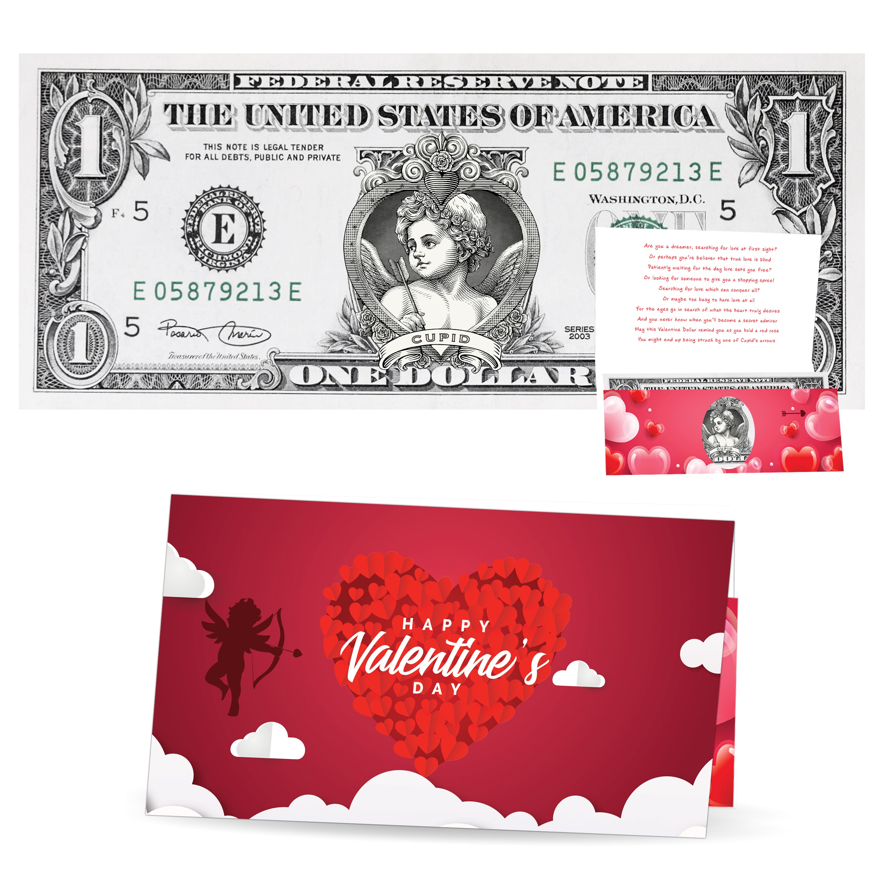 The Official Valentine's Day Cupid Dollar Bill. Real 1.0 USD. Bankable & Spendable. Comes with Valentine's Day Card and Currency Holder.