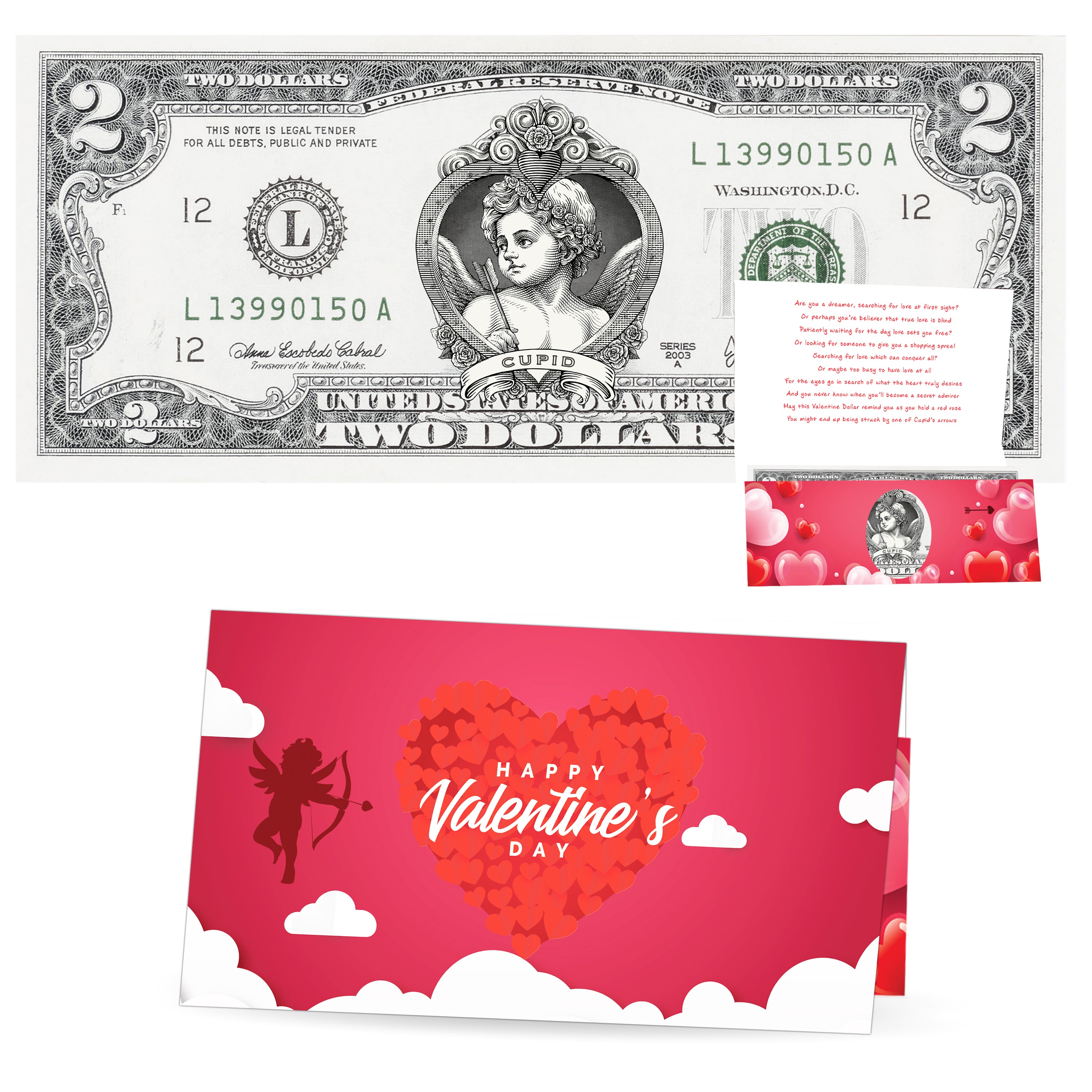 The Official Valentine's Day Cupid Dollar Bill. Real 2.0 USD. Bankable & Spendable. Comes with Valentine's Day Card and Currency Holder.