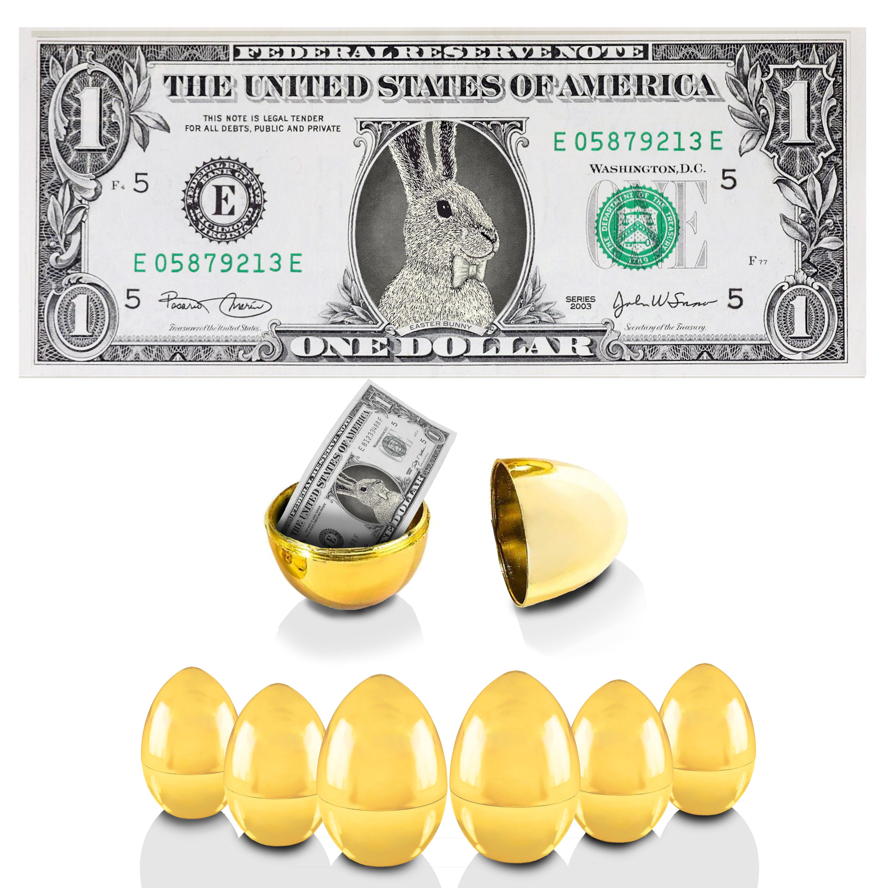 The Official Easter Bunny Dollar Bill with Golden Eggs Value 6 Pack. Real 1.0 USD x 6. Bankable & Spendable. Easter Basket Stuffer/Filler. Bunny Bucks - Bunny Money