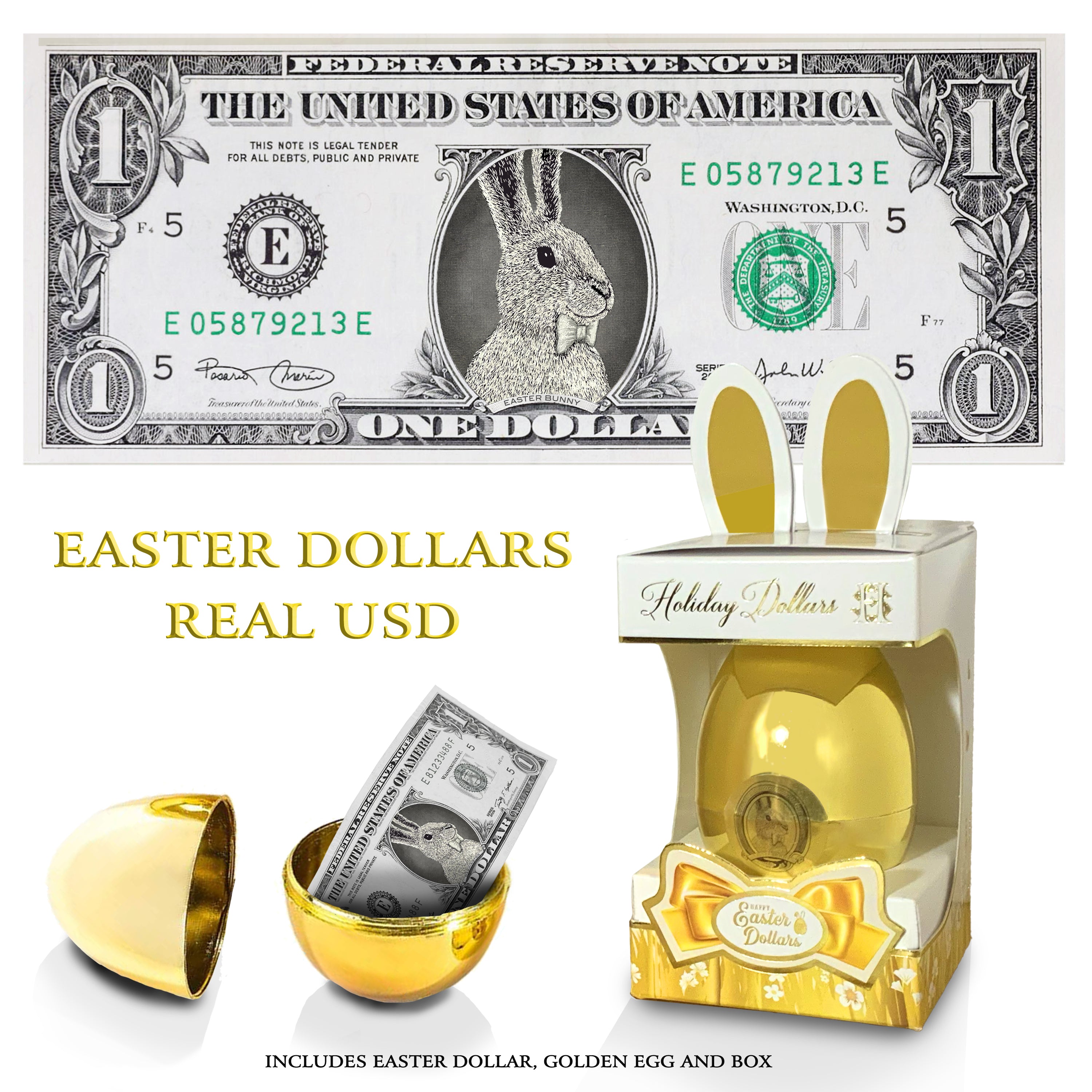 The Official Easter Bunny Dollar Bill with Golden Egg and Gift Box . Real 1.0 USD. Bankable & Spendable. Easter Basket Stuffer/Filler. Bunny Buck - Bunny Money