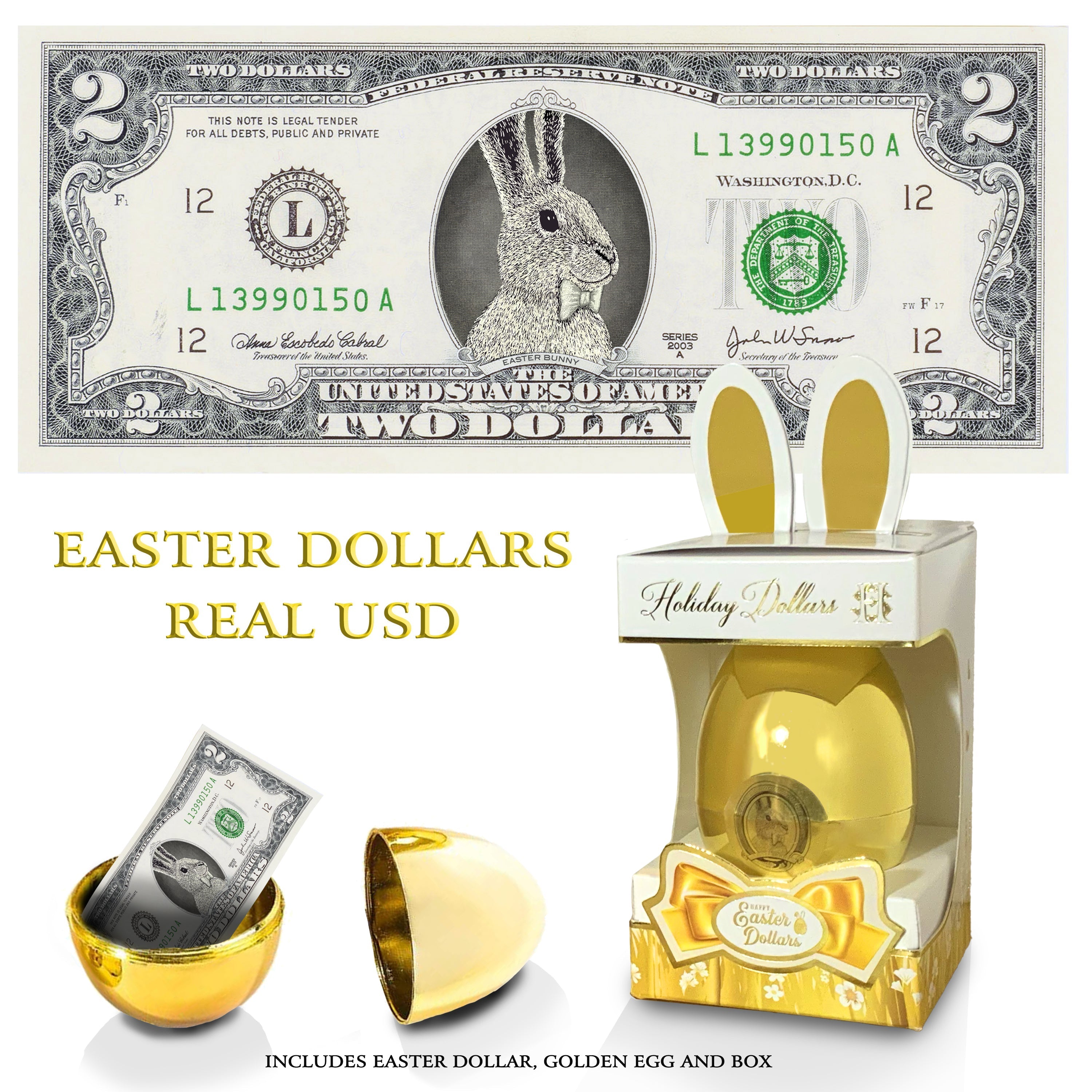 The Official Easter Chick Dollar Bill with Silver Egg and Gift Box. Real 2.0 USD. Bankable & Spendable. Easter Basket Stuffer/Filler. Bunny Bucks - Bunny Money
