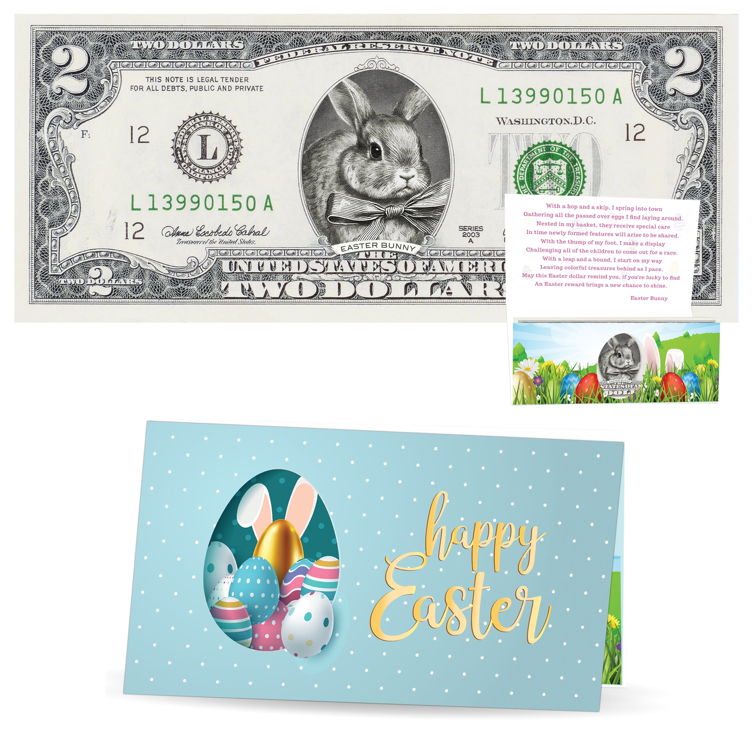 The Official Easter Bunny Dollar Bill. Real 2.0 USD V3 Bunny with Bow. Each Bill Comes with an Easter Card and Currency Holder. Easter Basket Stuffer/Filler. Bunny Buck - Bunny Money