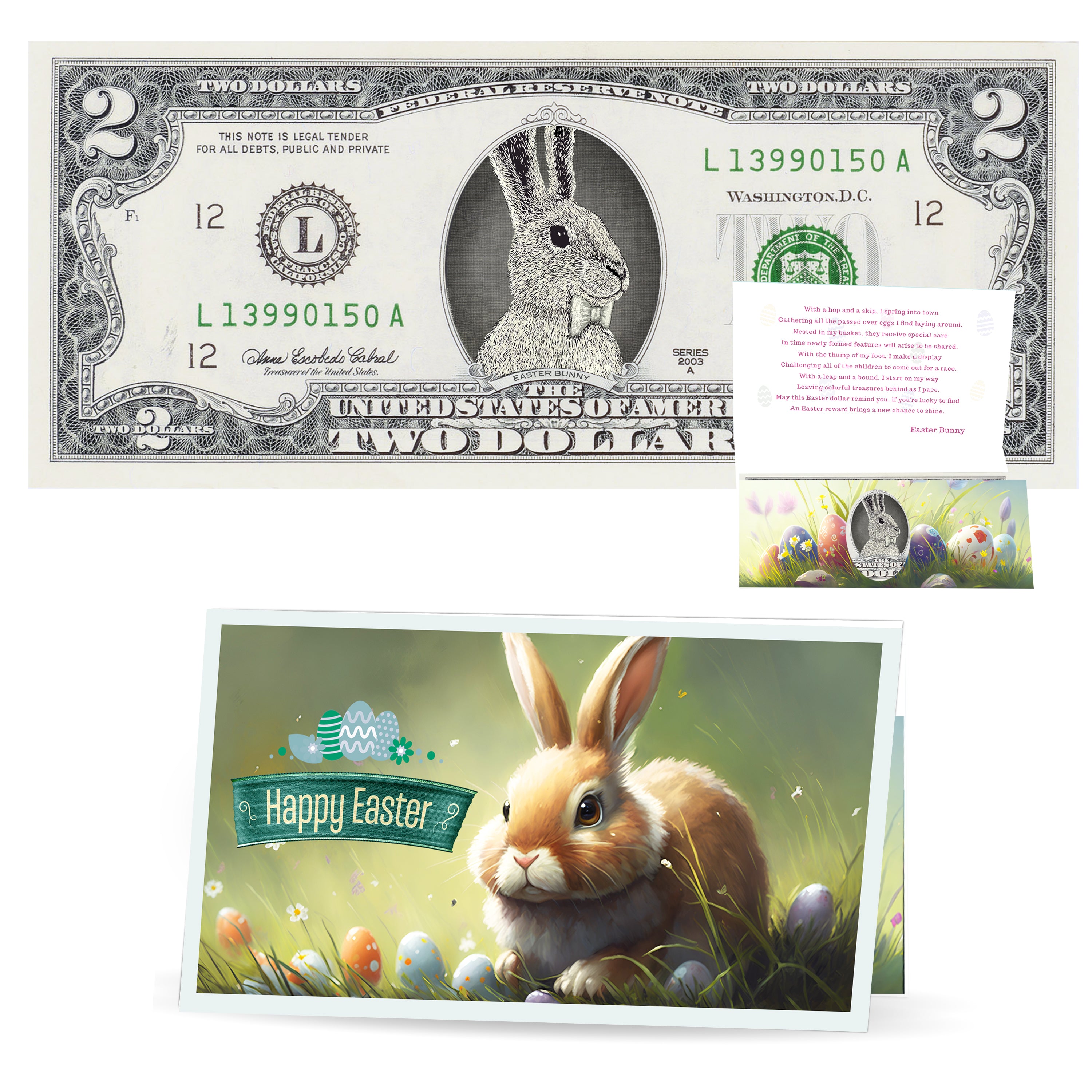 The Official Easter Bunny Dollar Bill. Real 2.0 USD. Each Bill Comes with an Easter Card and Currency Holder. Easter Basket Stuffer/Filler. Bunny Bucks - Bunny Money