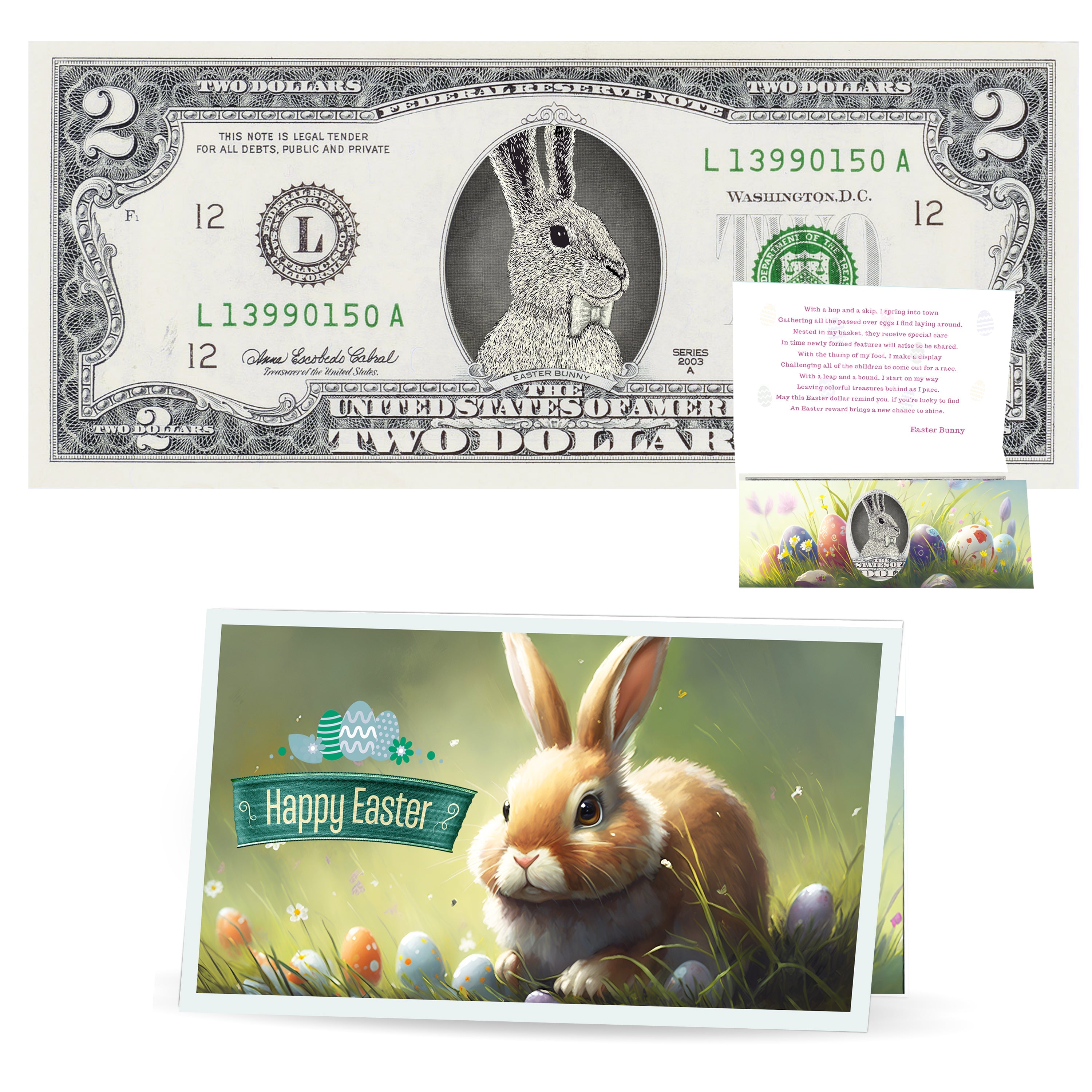 The Official Easter Bunny Dollar Bill. Real 2.0 USD V6 White Bunny with Bow. Each Bill Comes with an Easter Card and Currency Holder. Easter Basket Stuffer/Filler. Bunny Buck - Bunny Money