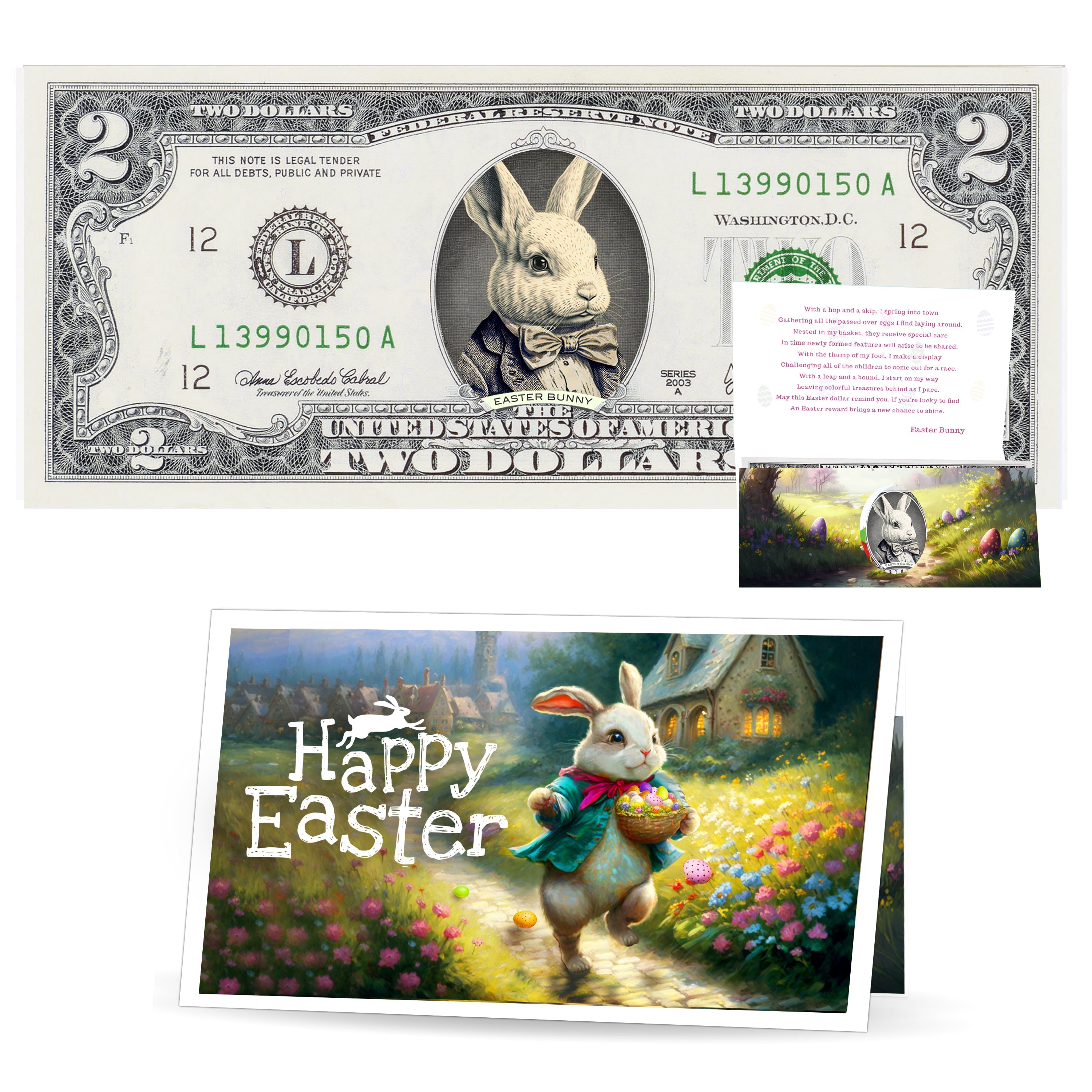 The Official Easter Bunny Dollar Bill. Real 2.0 USD V2 Bunny in Suit. Each Bill Comes with an Easter Card and Currency Holder. Easter Basket Stuffer/Filler. Bunny Buck - Bunny Money